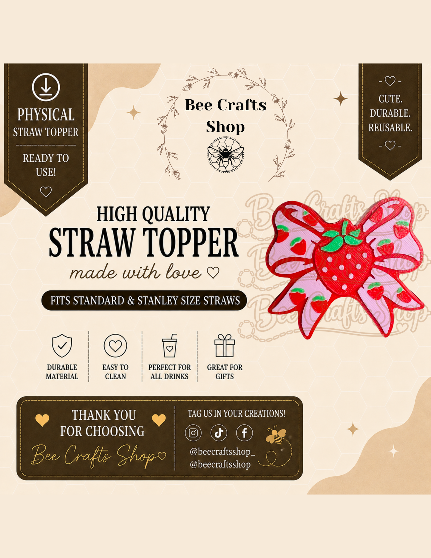 Strawberry Bow 3D Printed Straw Topper 8.5mm