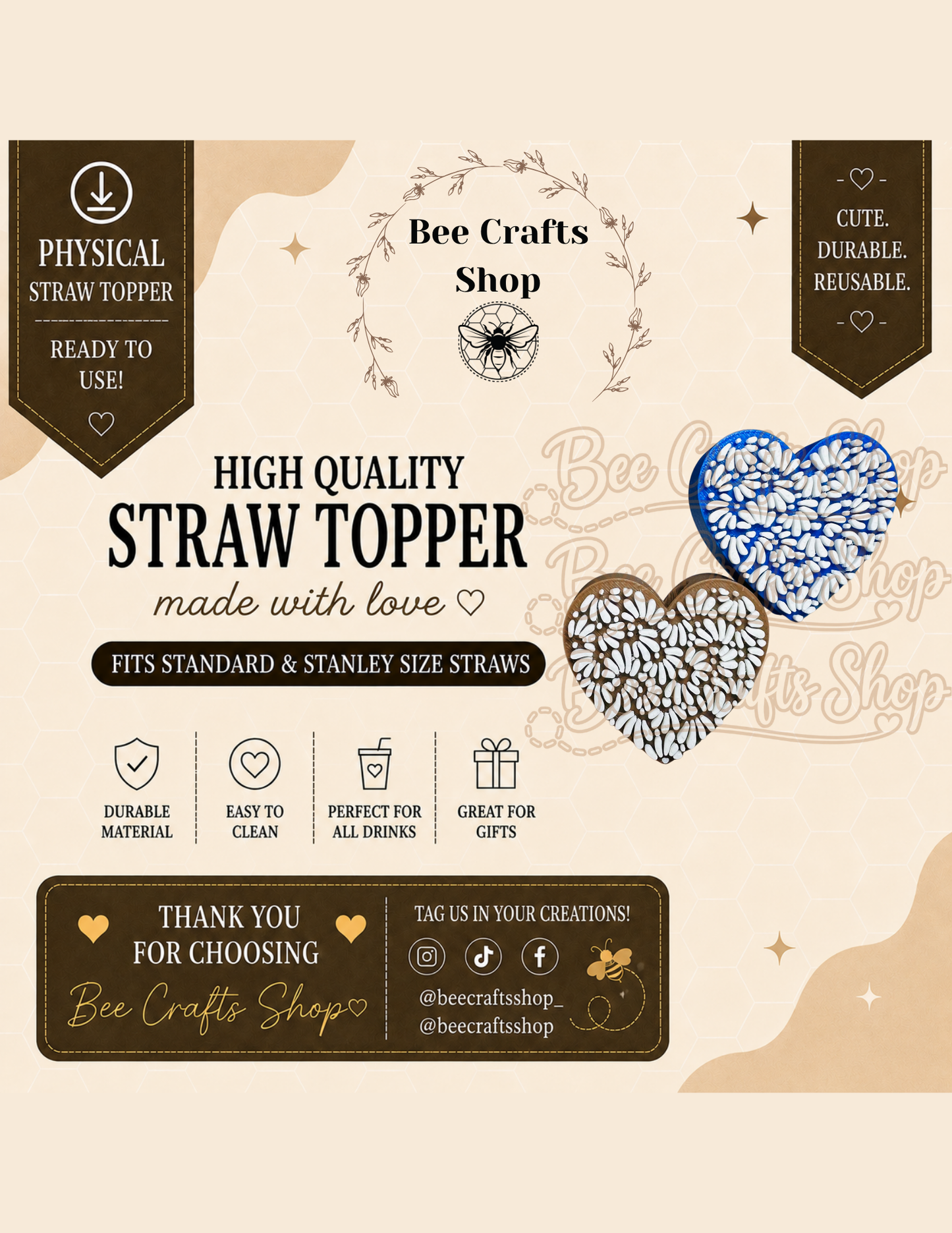 Talavera Love 3D Printed Straw Topper 8.5mm