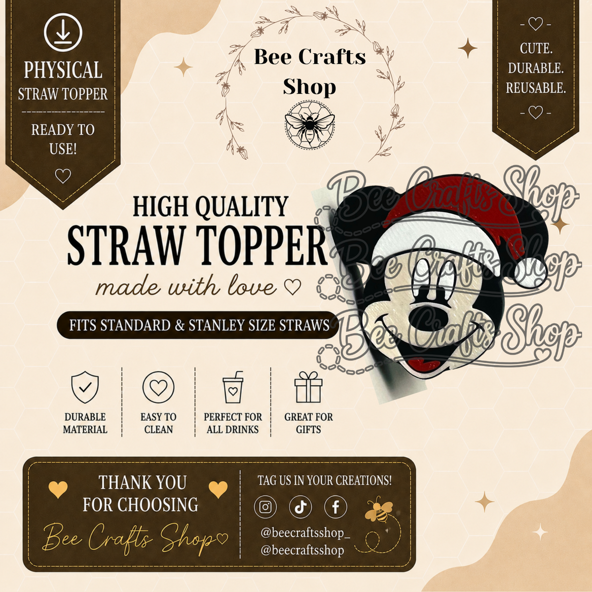 Boy Mouse Christmas 3D Printed Straw Topper