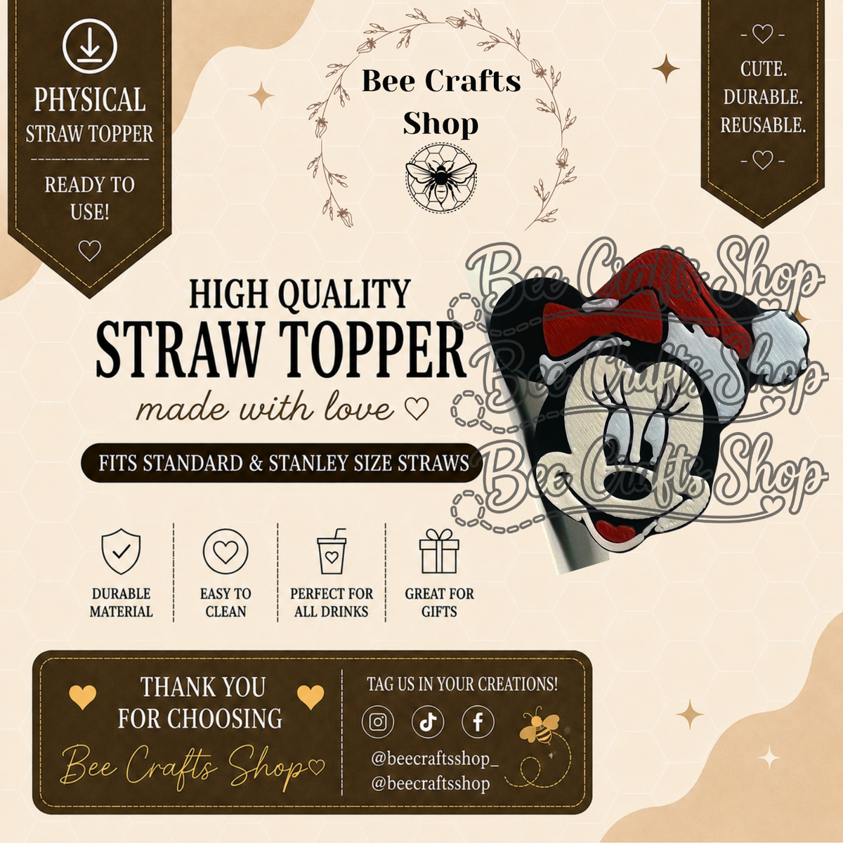 Girl Mouse Christmas 3D Printed Straw Topper