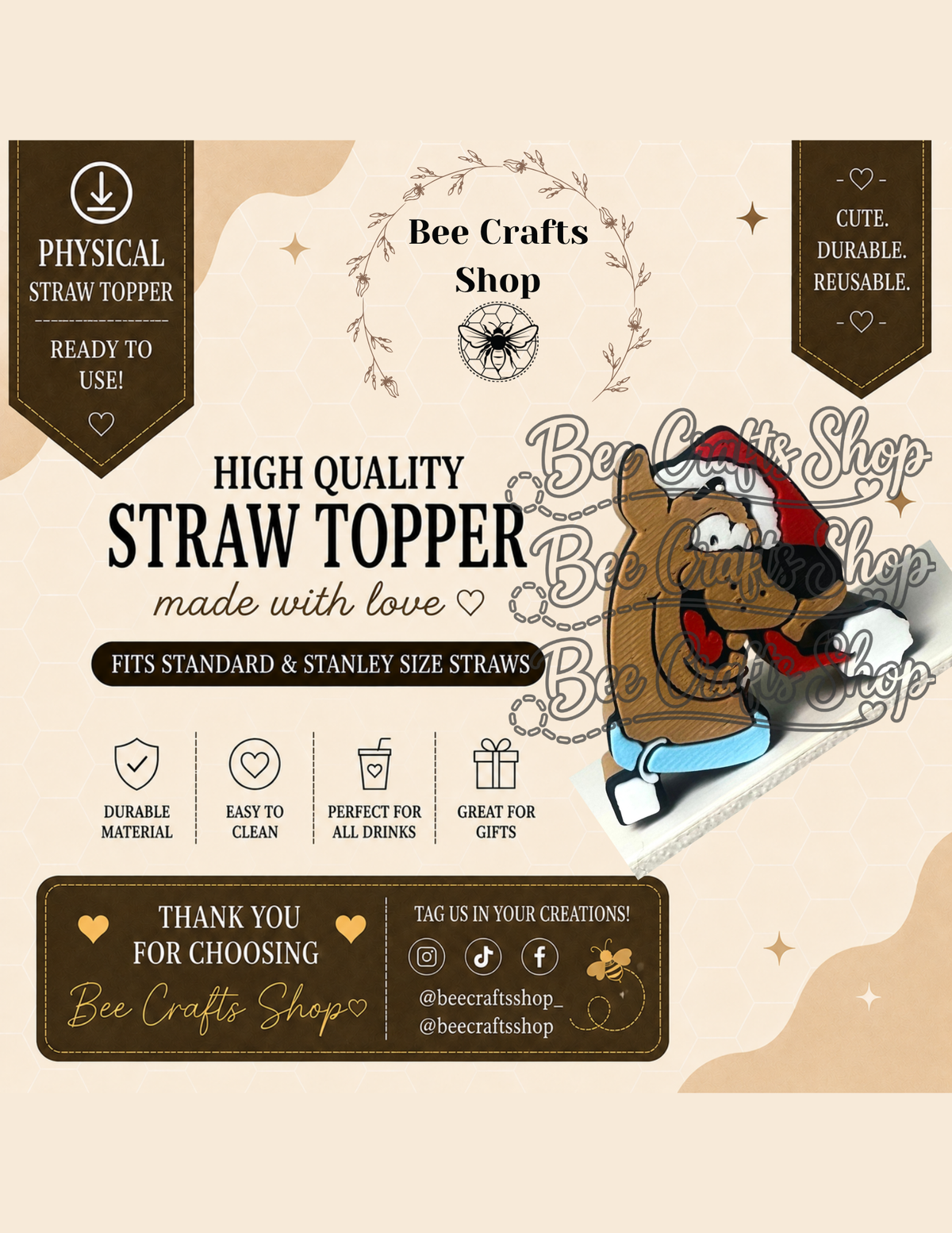 Dog Christmas 3D Printed Straw Topper