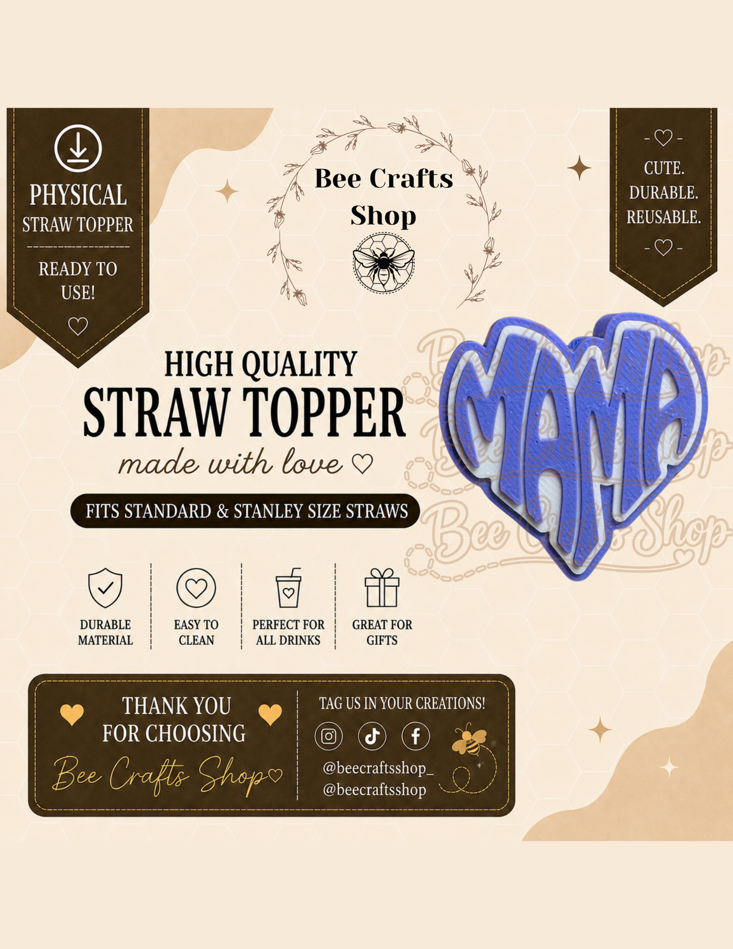 Love Mama 3D Printed Straw Topper 8.5mm
