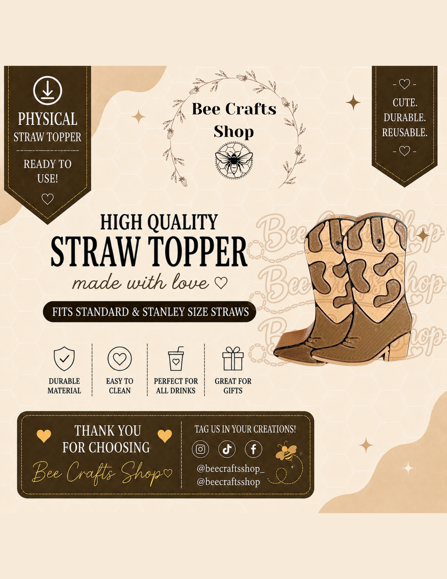Western Boots 3D Printed Straw Topper 8.5mm