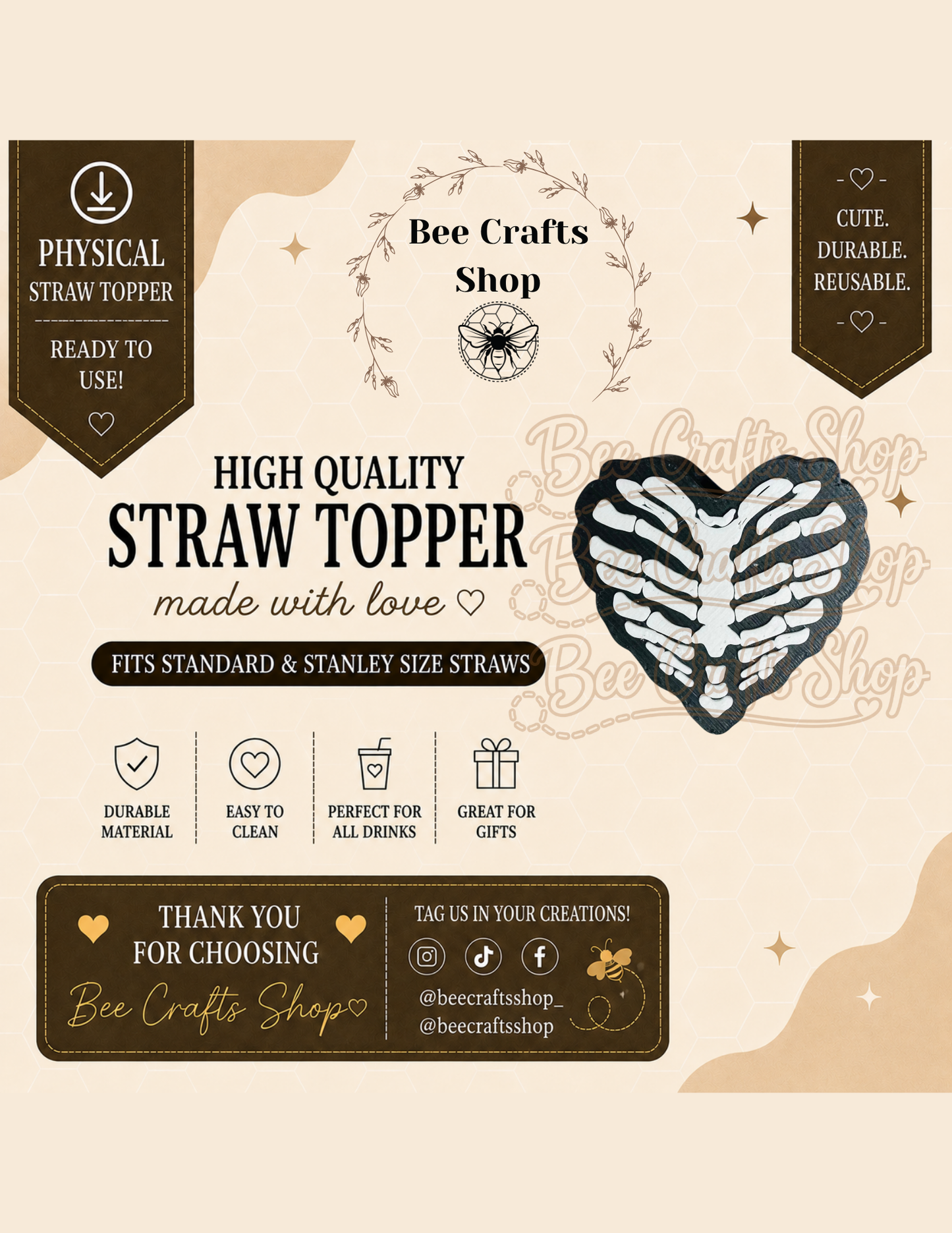 Skeleton Heart 3D Printed Straw Topper 8.5mm