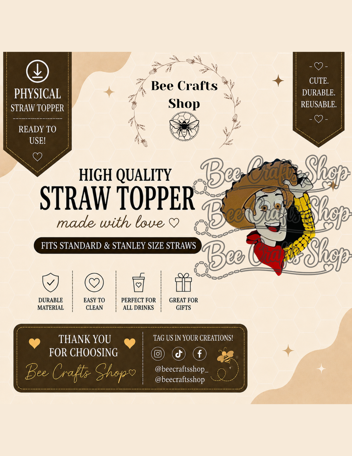 Cowboy 3D Printed Straw Topper 8.5mm
