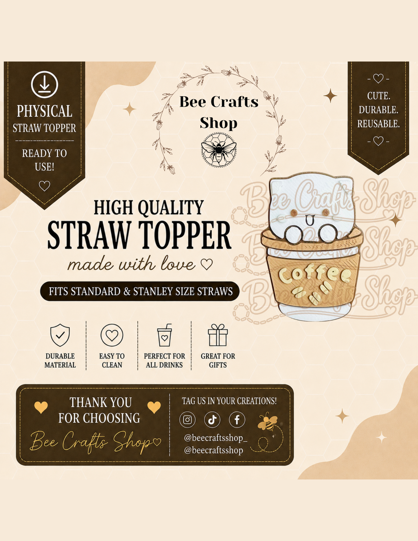 Coffee Cup Kitty 3D Printed Straw Topper 8.5mm