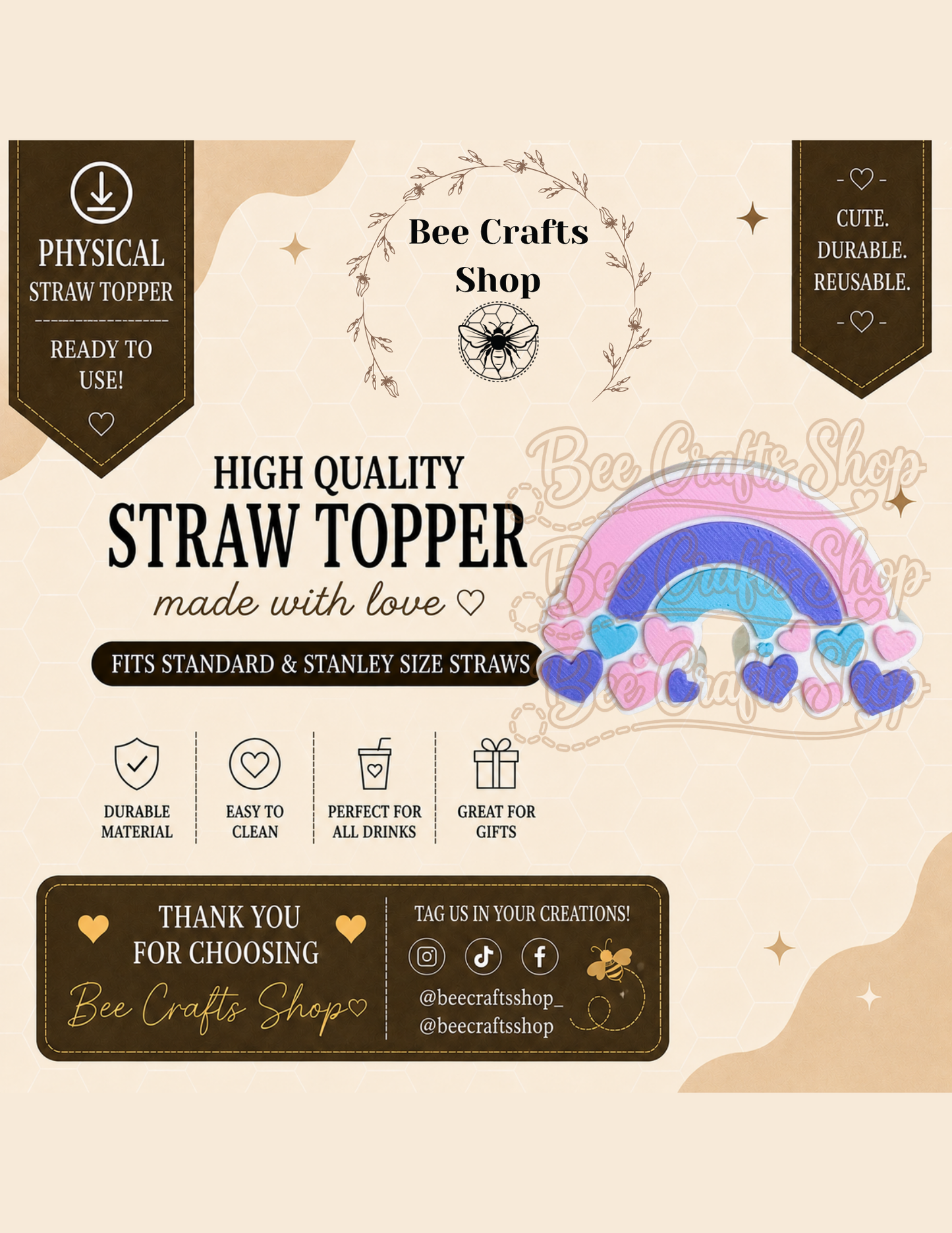 Sweetheart Rainbow 3D Printed Straw Topper 8.5mm