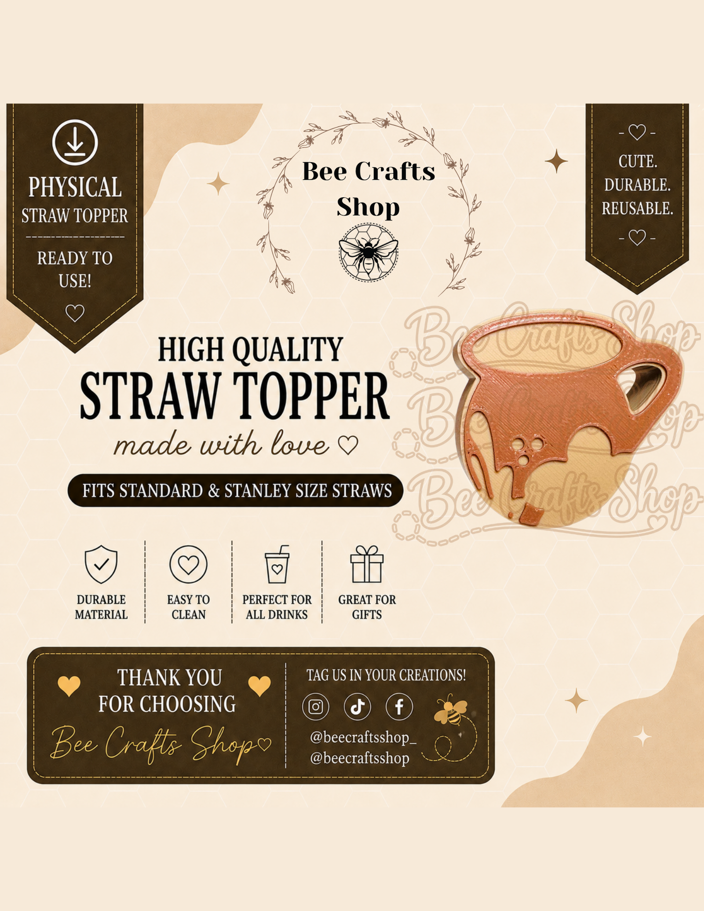 Cafecito Mug 3D Printed Straw Topper 8.5mm