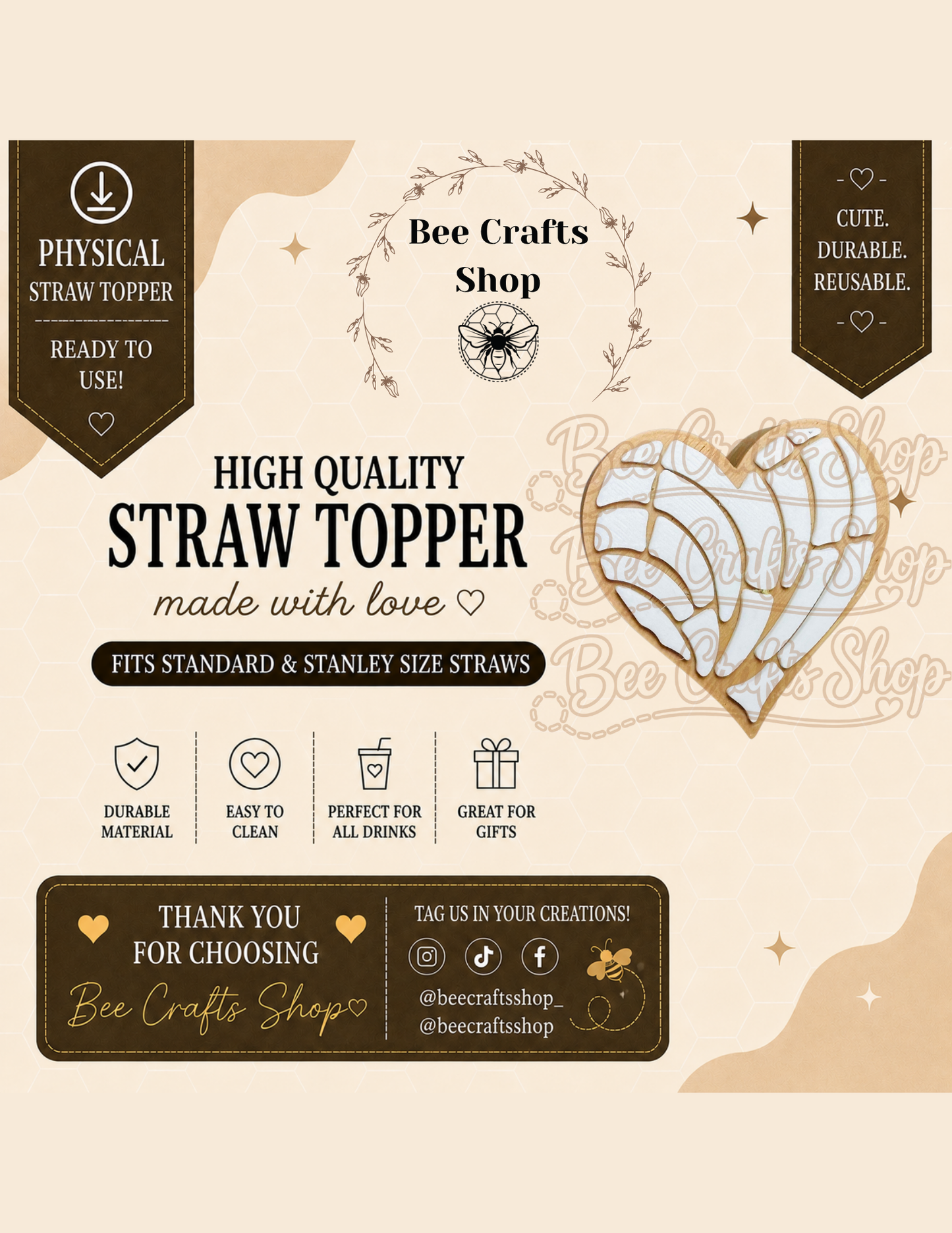 Concha Love 3D Printed Straw Topper 8.5mm