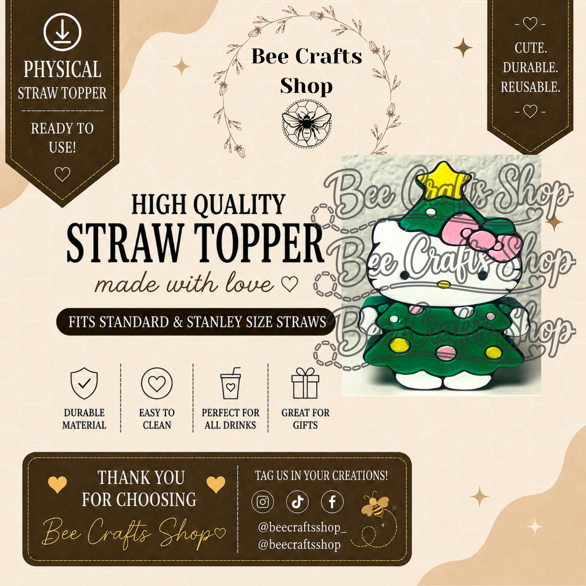 HkTree Christmas 3D Printed Straw Topper 8.5mm