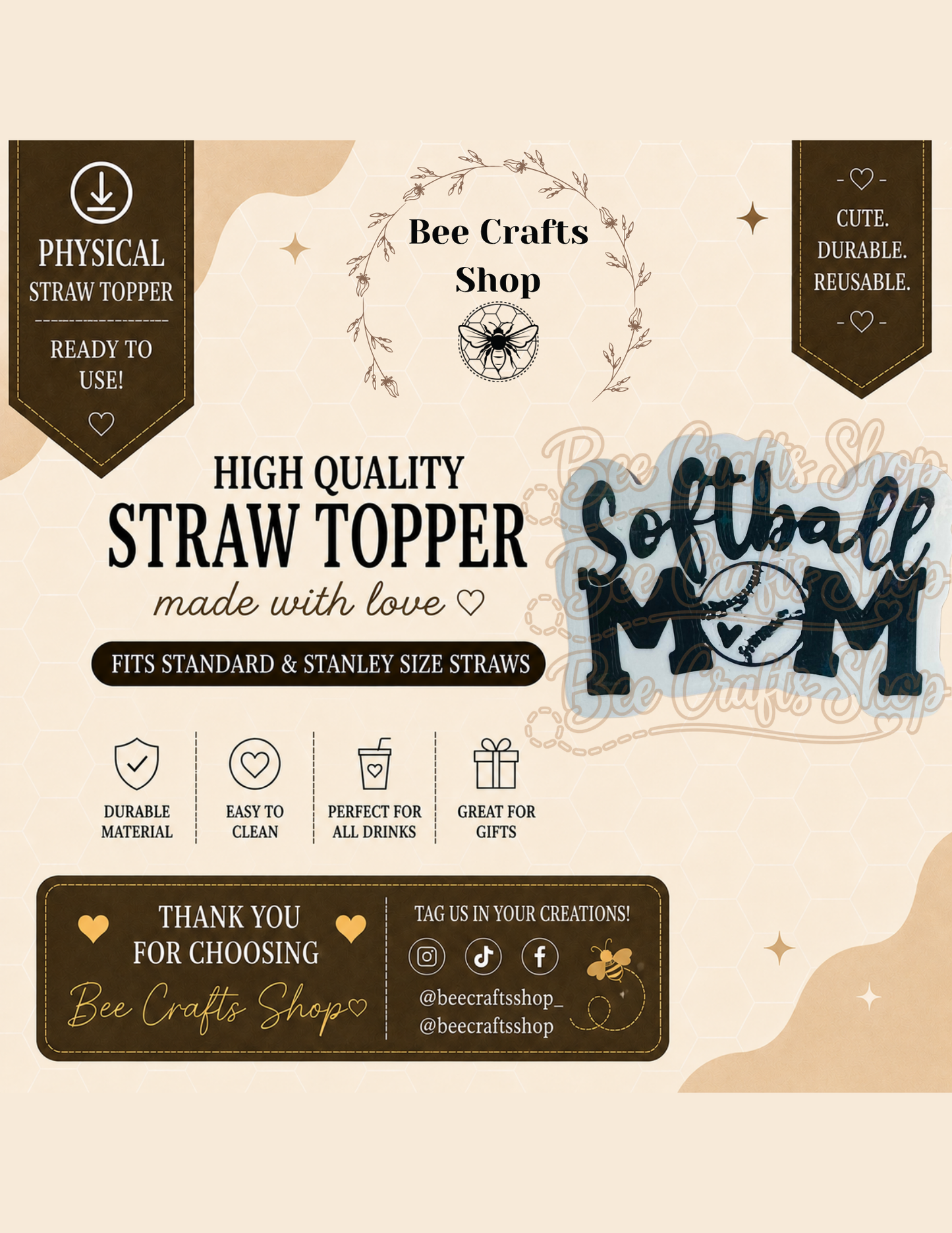 Holographic Softball Mom #2 3D Printed Straw Topper 8.5mm