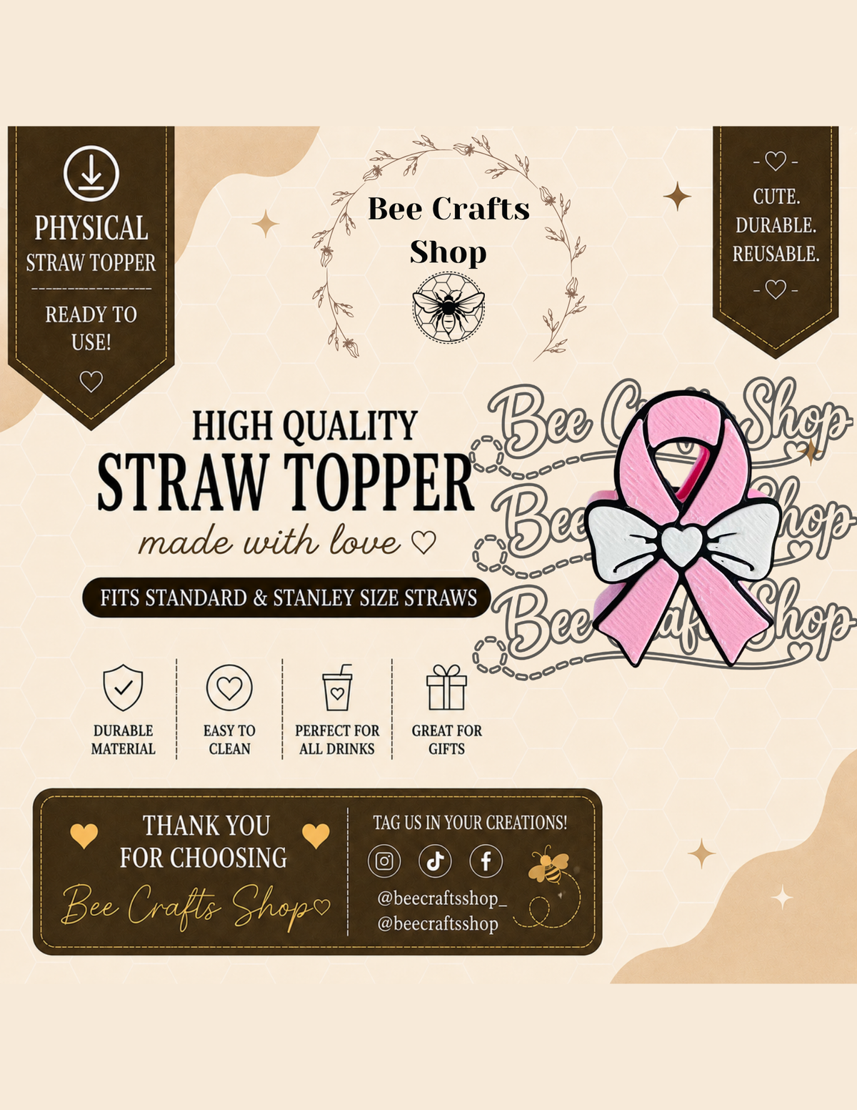 Breast Cancer Awareness 3D Printed Straw Toppers