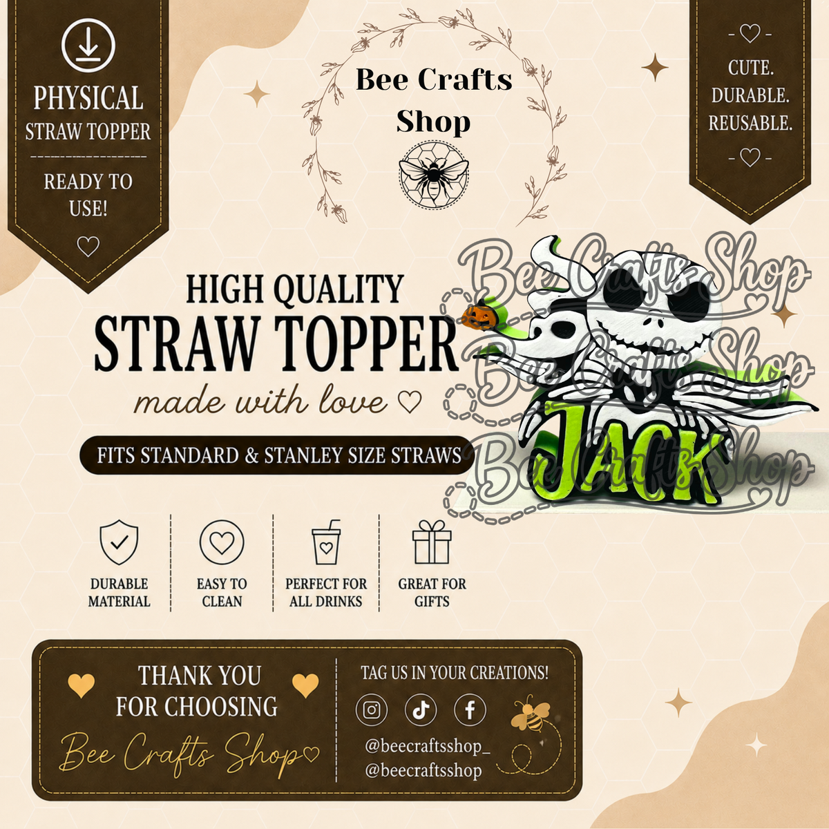 J&Zero Christmas 3D Printed Straw Topper 8.5mm