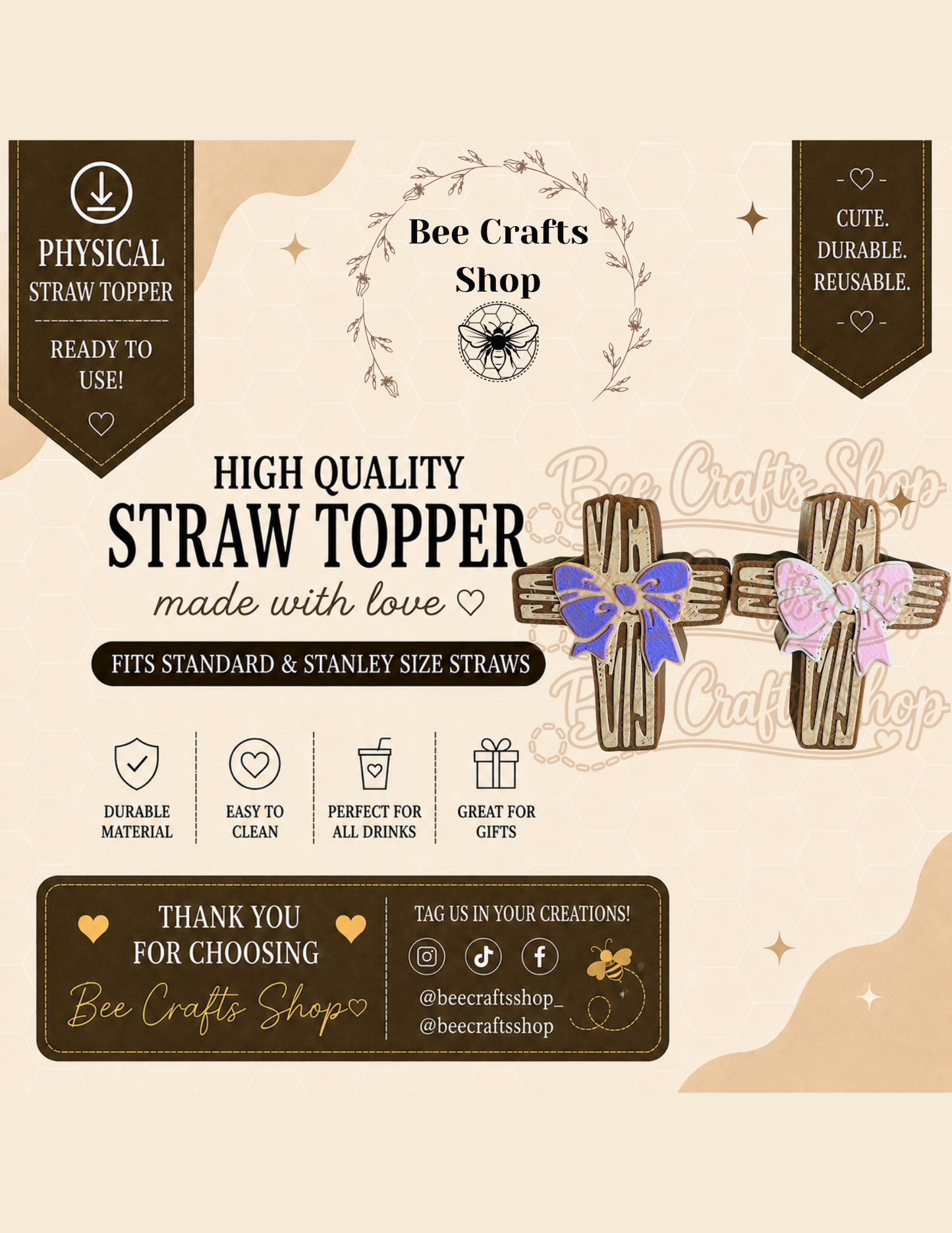 Cross Bow 3D Printed Straw Topper 8.5mm