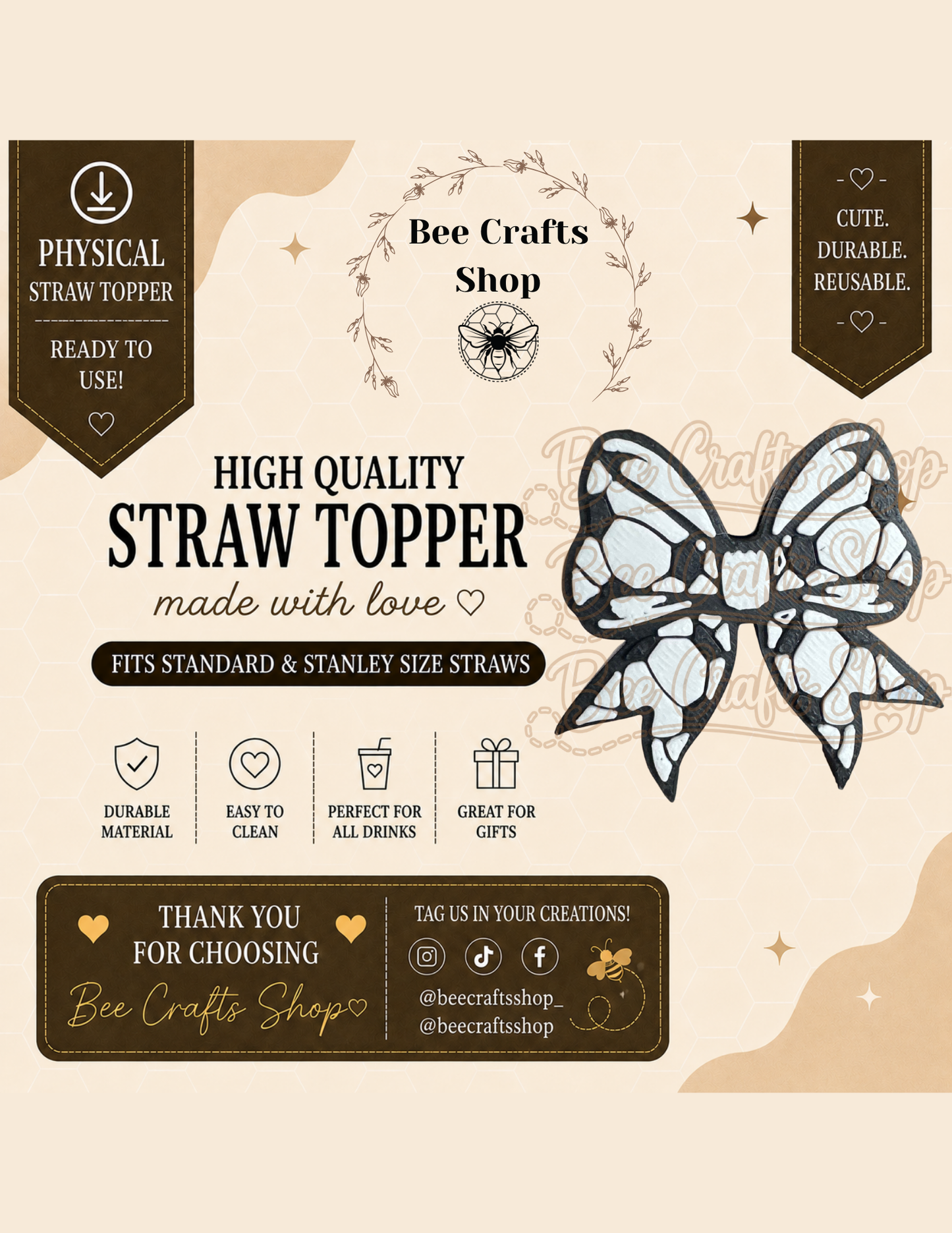 Soccer Bow 3D Printed Straw Topper 8.5mm