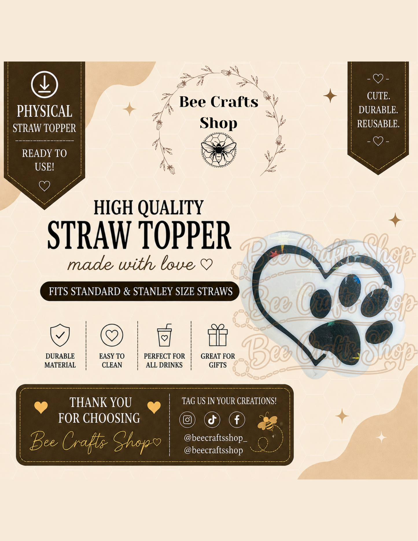 Holographic Paw Print 3D Printed Straw Topper 8.5mm