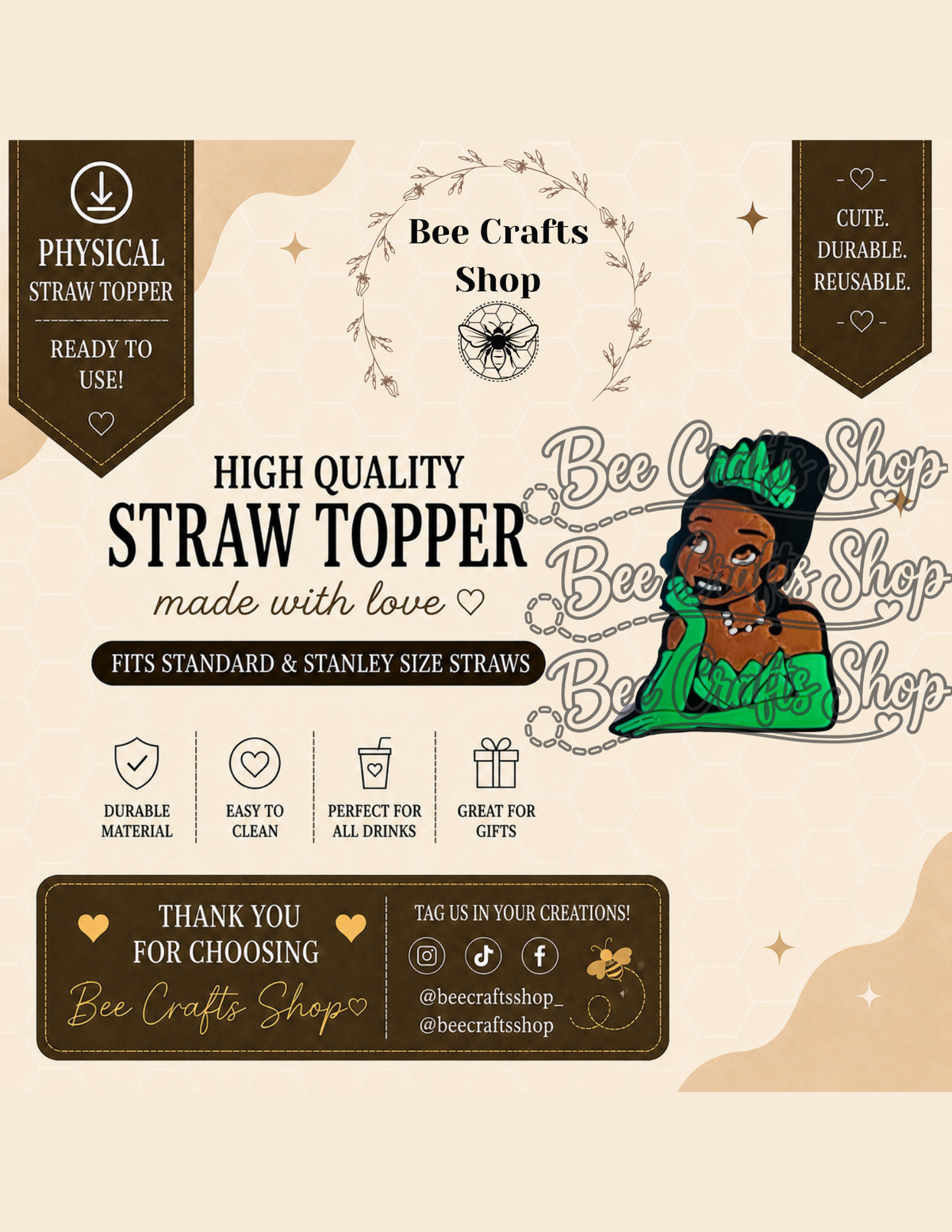 Princess T 3D Printed Straw Topper 8.5mm