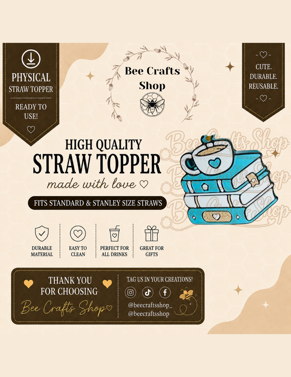 "Book Lovers Brew" 3D Printed Straw Topper 8.5mm