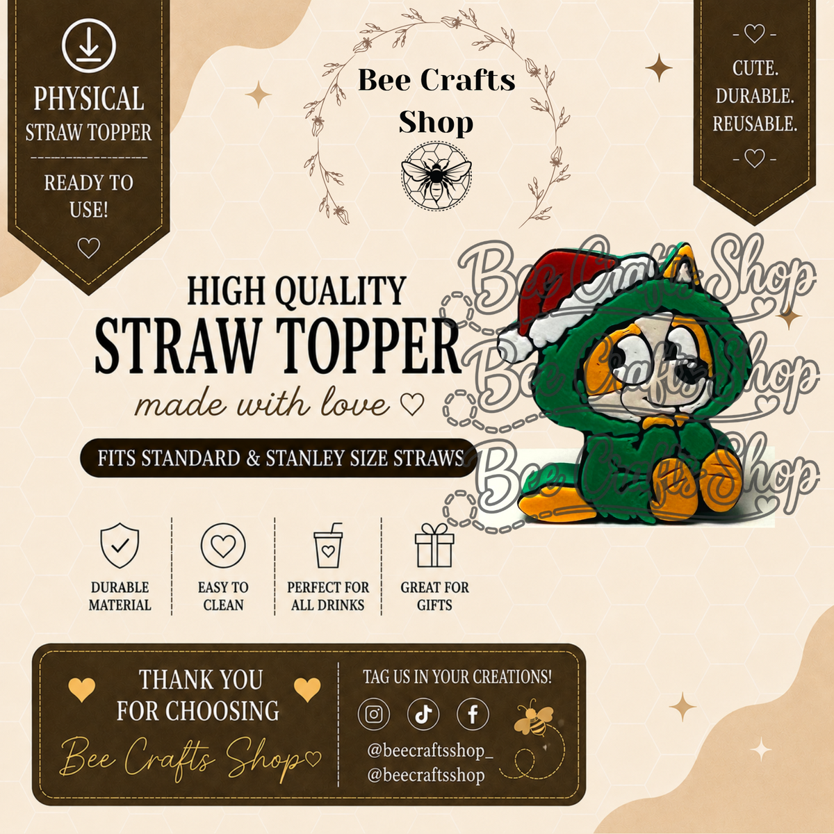 BingoDog Christmas 3D Printed Straw Topper 8.5mm