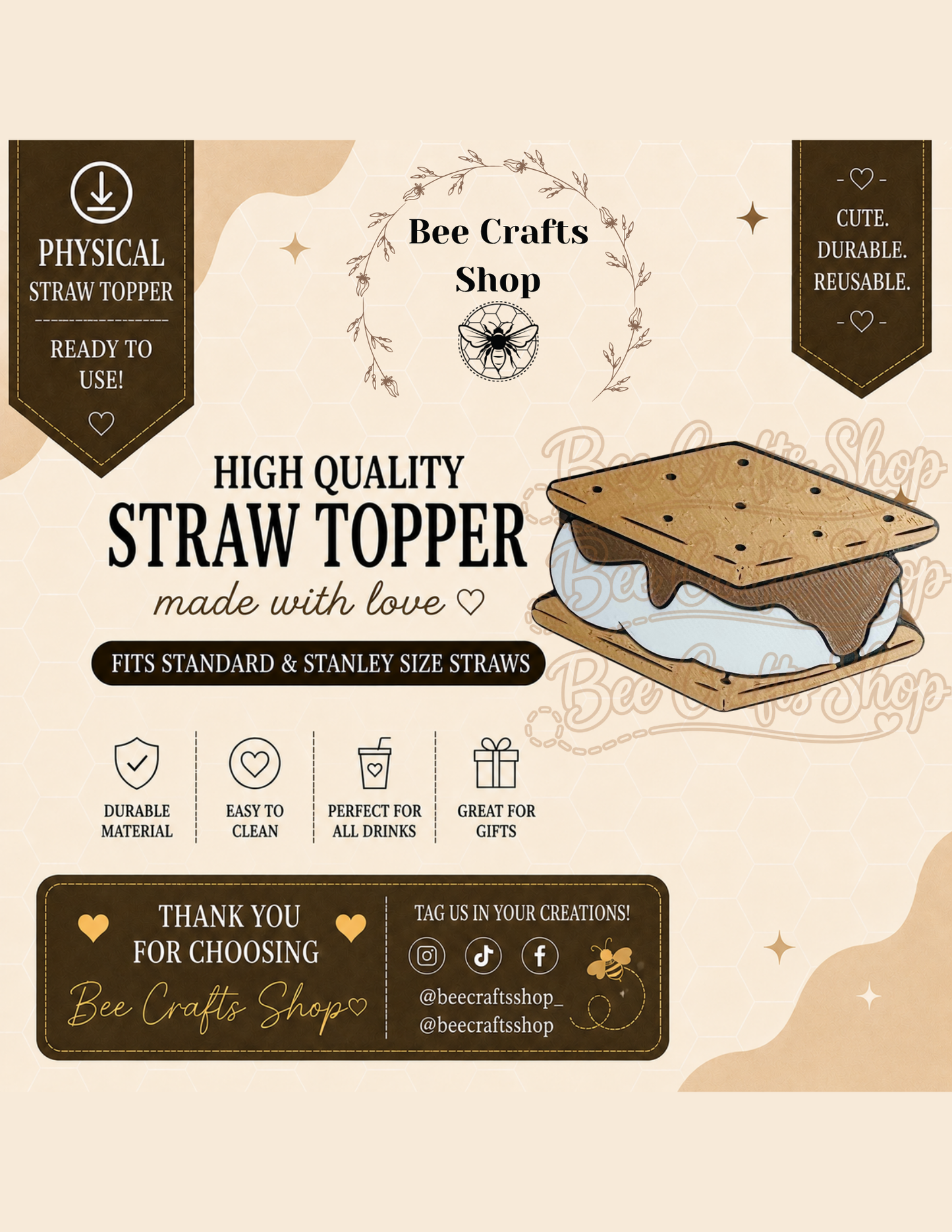 Smores 3D Printed Straw Topper 8.5mm