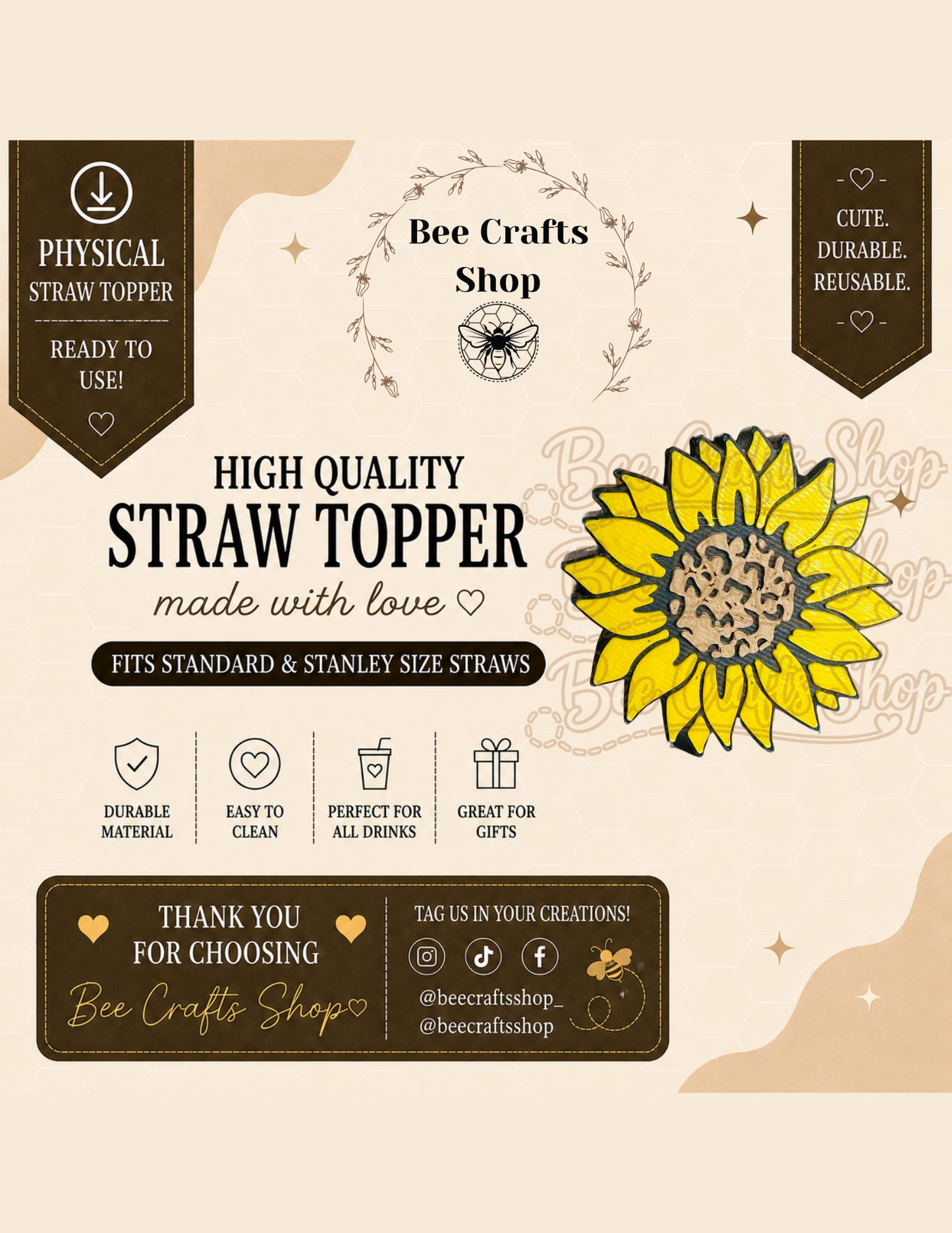 Sunflower 3D Printed Straw Topper 8.5mm
