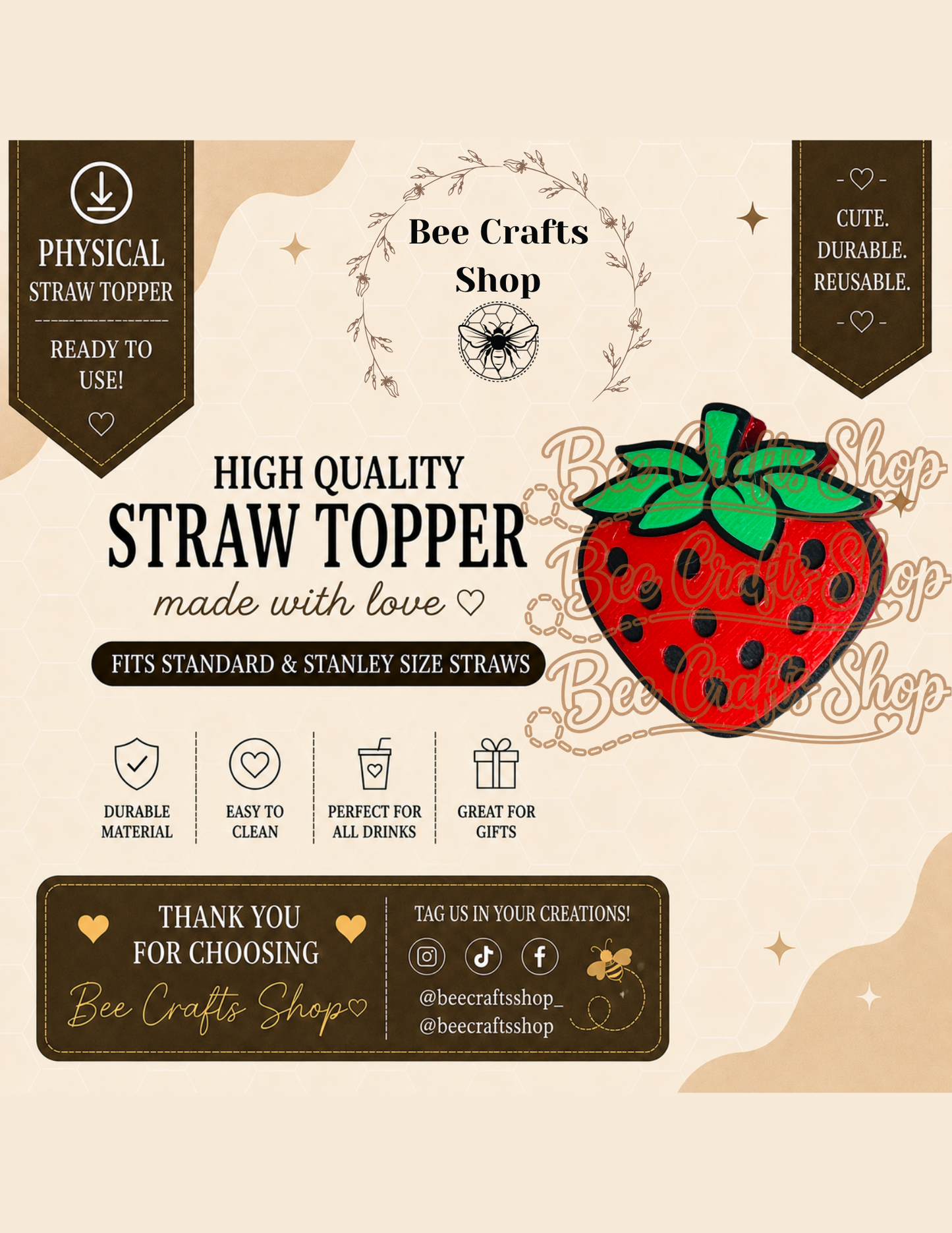 Strawberry 3D Printed Straw Topper 8.5mm