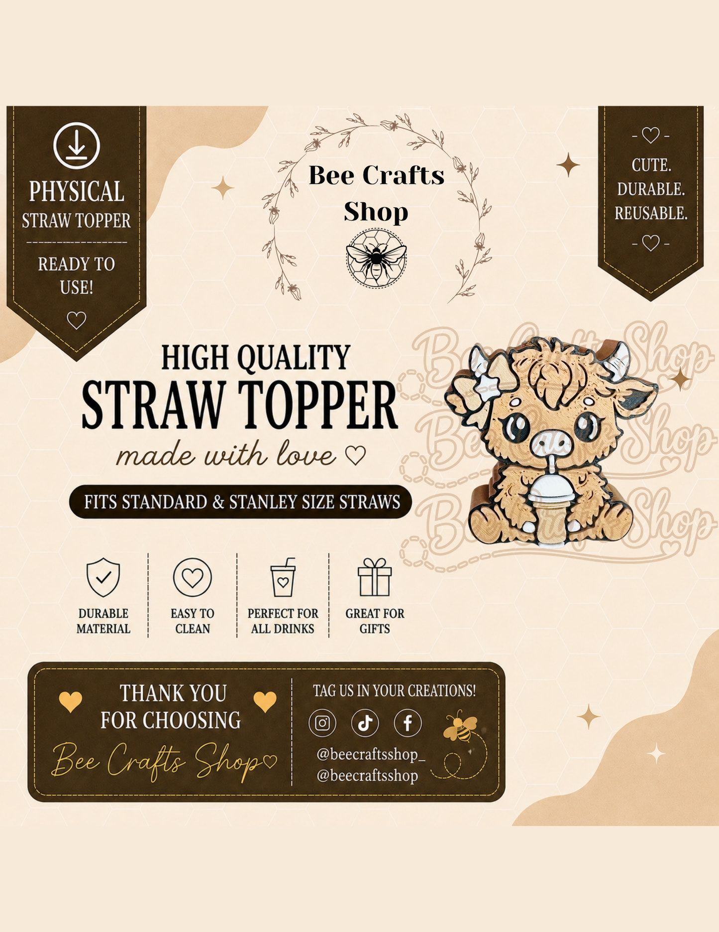 Latte Cow 3D Printed Straw Topper 8.5mm