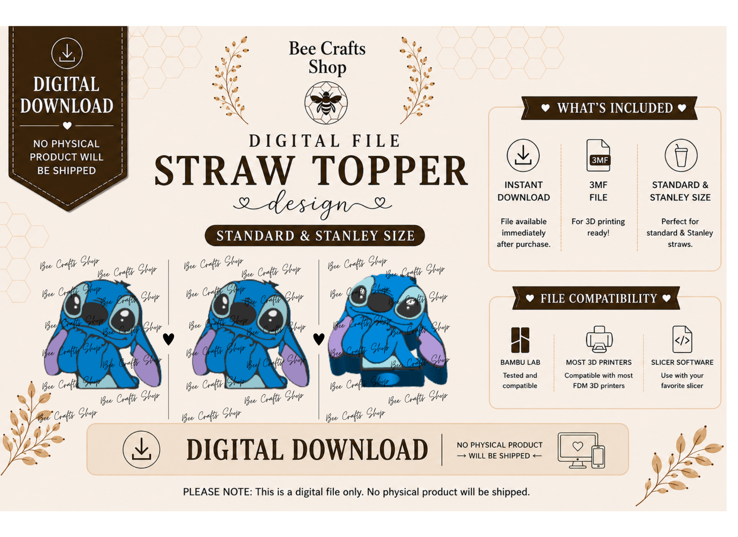 Blue Alien Straw Topper Digital Design 3MF