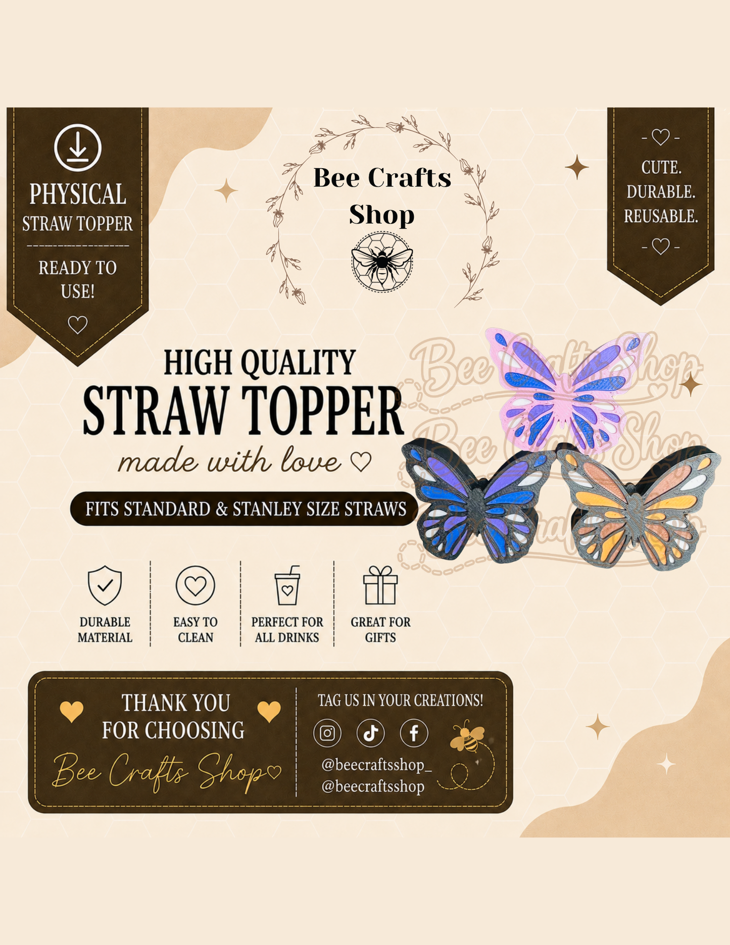 Butterfly 3D Printed Straw Topper 8.5mm