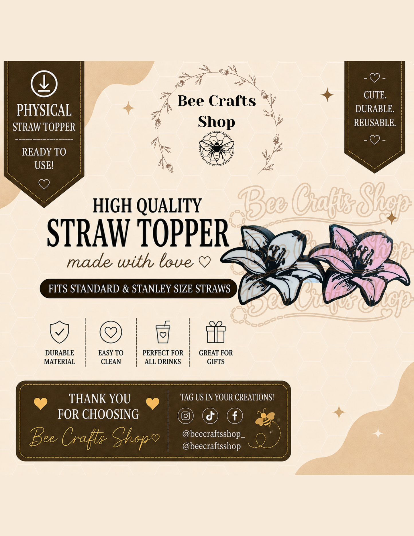 Holographic Lily Flower 3D Printed Straw Topper 8.5mm