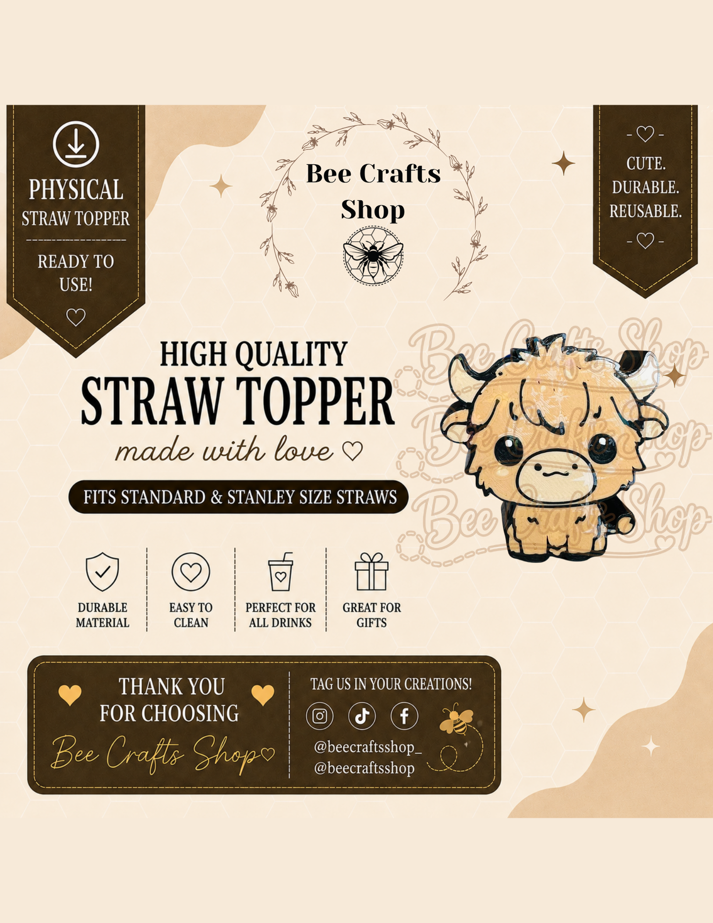 Holographic Cow 3D Printed Straw Topper 8.5mm
