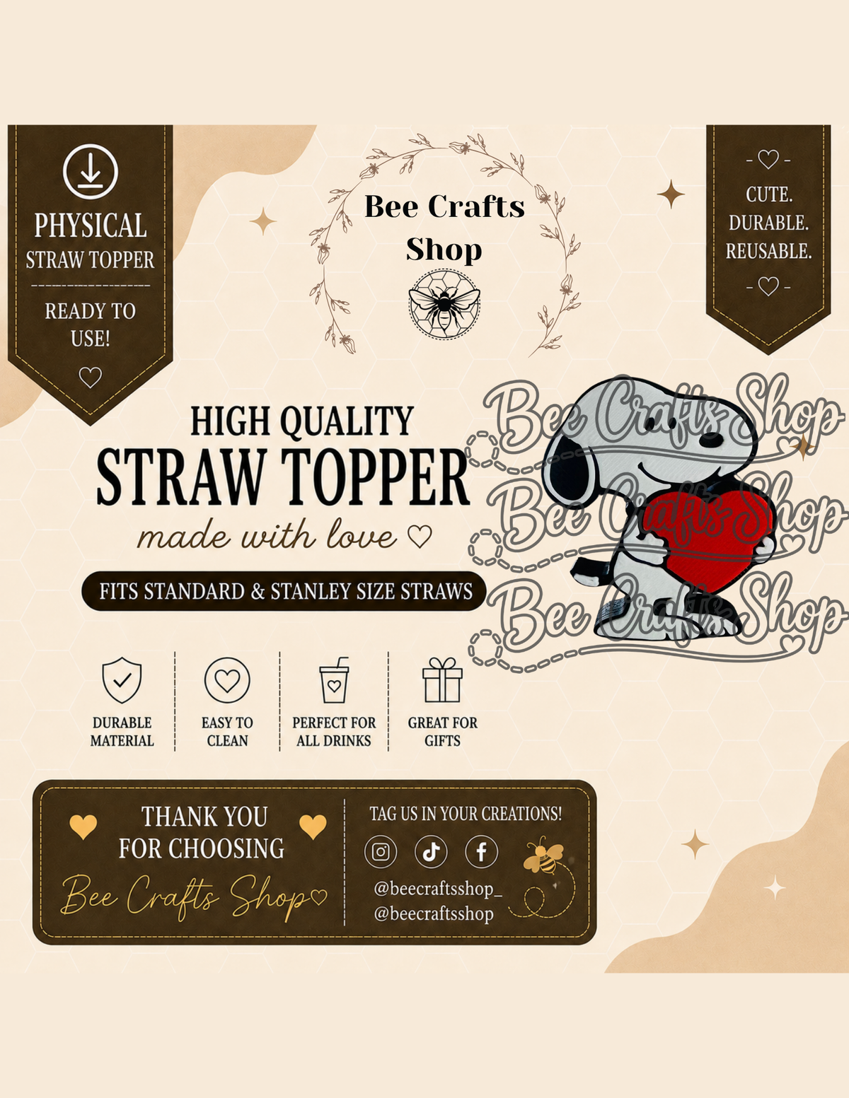 Peanut Pup Love 3D Printed Straw Topper 8.5mm