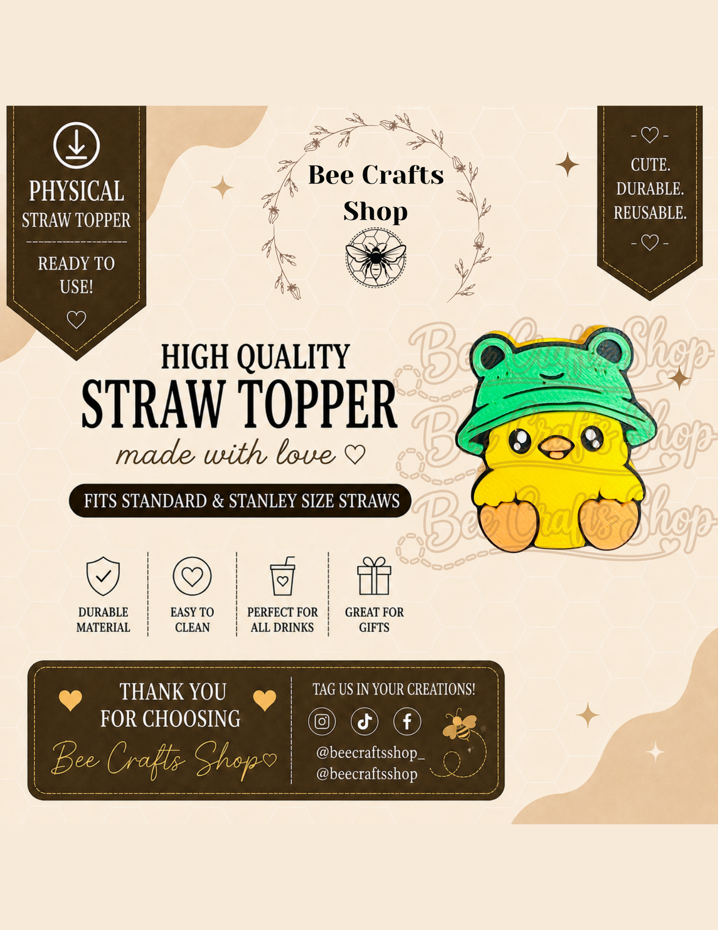 Froggy Chick 3D Printed Straw Topper 8.5mm