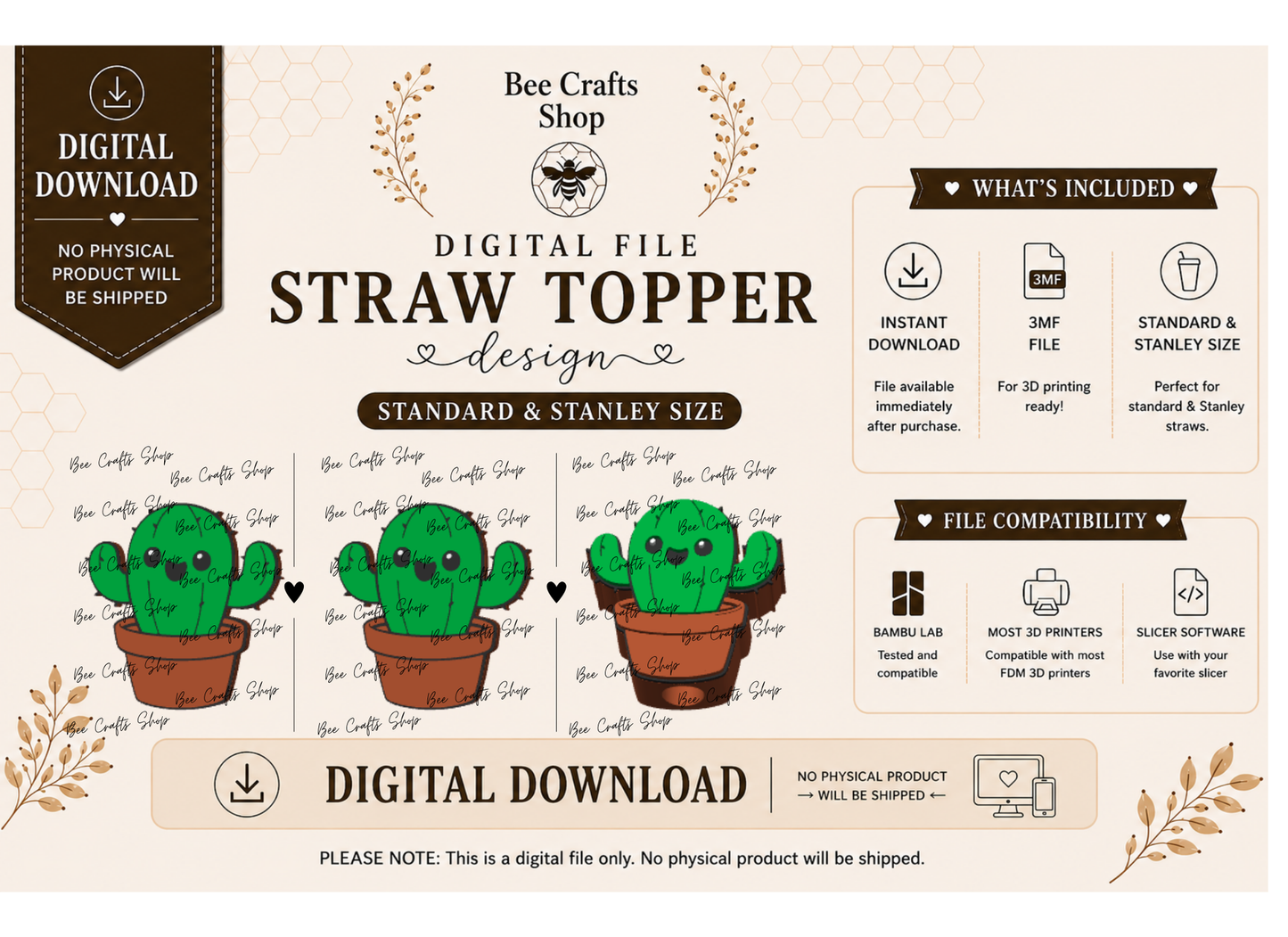 Cactus Pot Straw Topper Digital Design 3MF