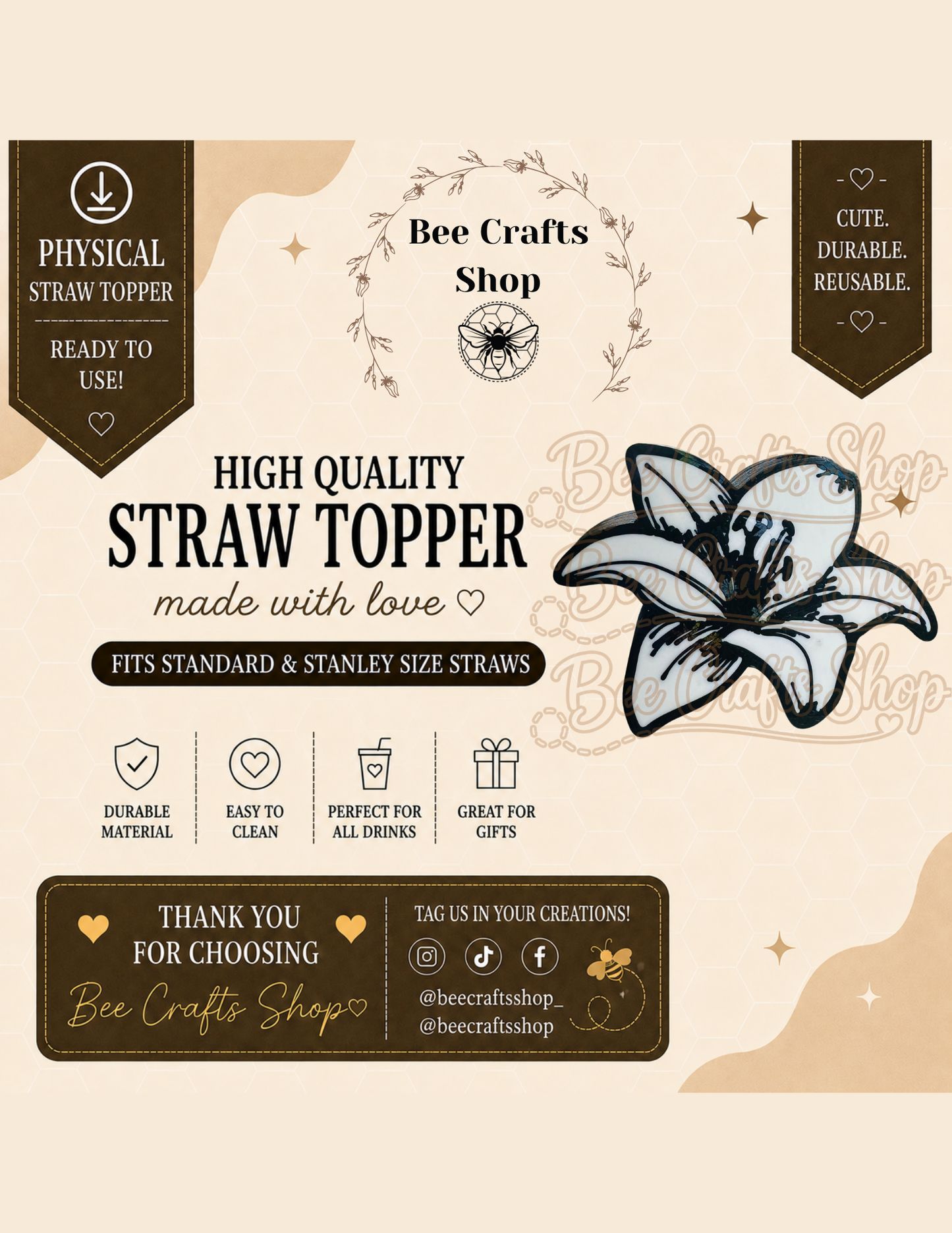 Holographic Lily Flower 3D Printed Straw Topper 8.5mm