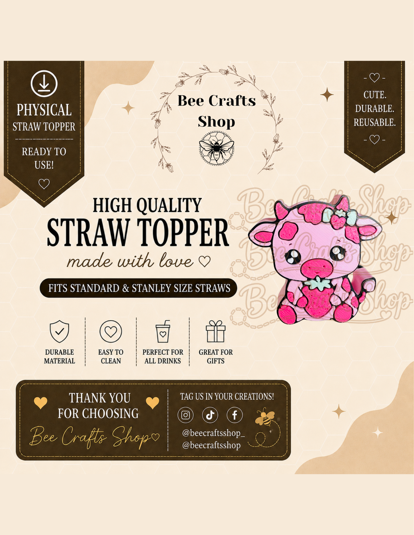 Strawberry Cow 3D Printed Straw Topper 8.5mm