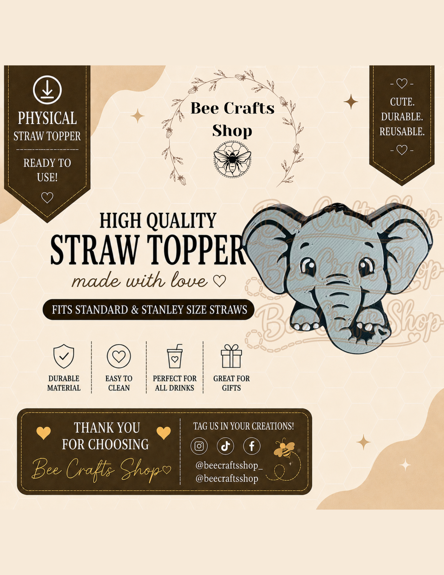 Cute Elephant 3D Printed Straw Topper 8.5mm