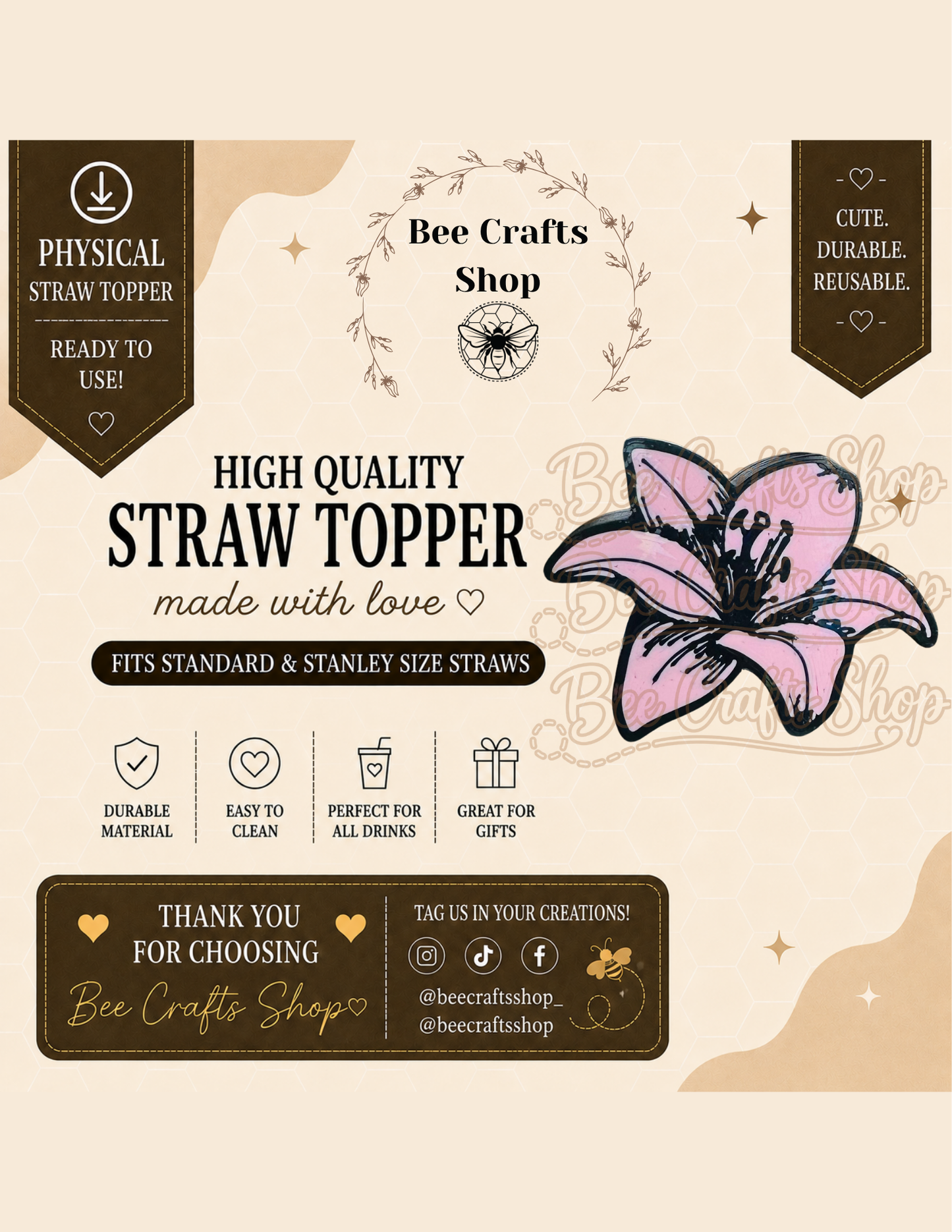 Holographic Lily Flower 3D Printed Straw Topper 8.5mm