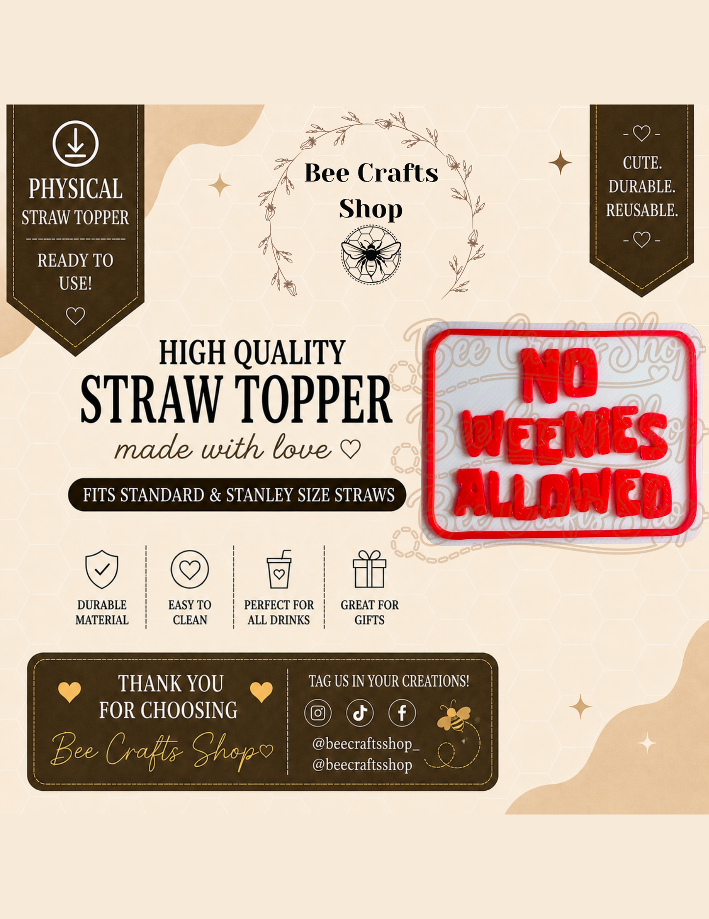"No Weenies Allowed" 3D Printed Straw Topper 8.5mm