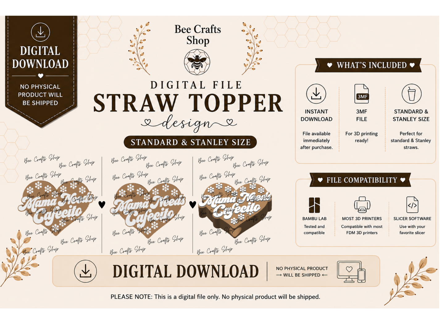Mama needs Cafecito Straw Topper Digital Design 3MF