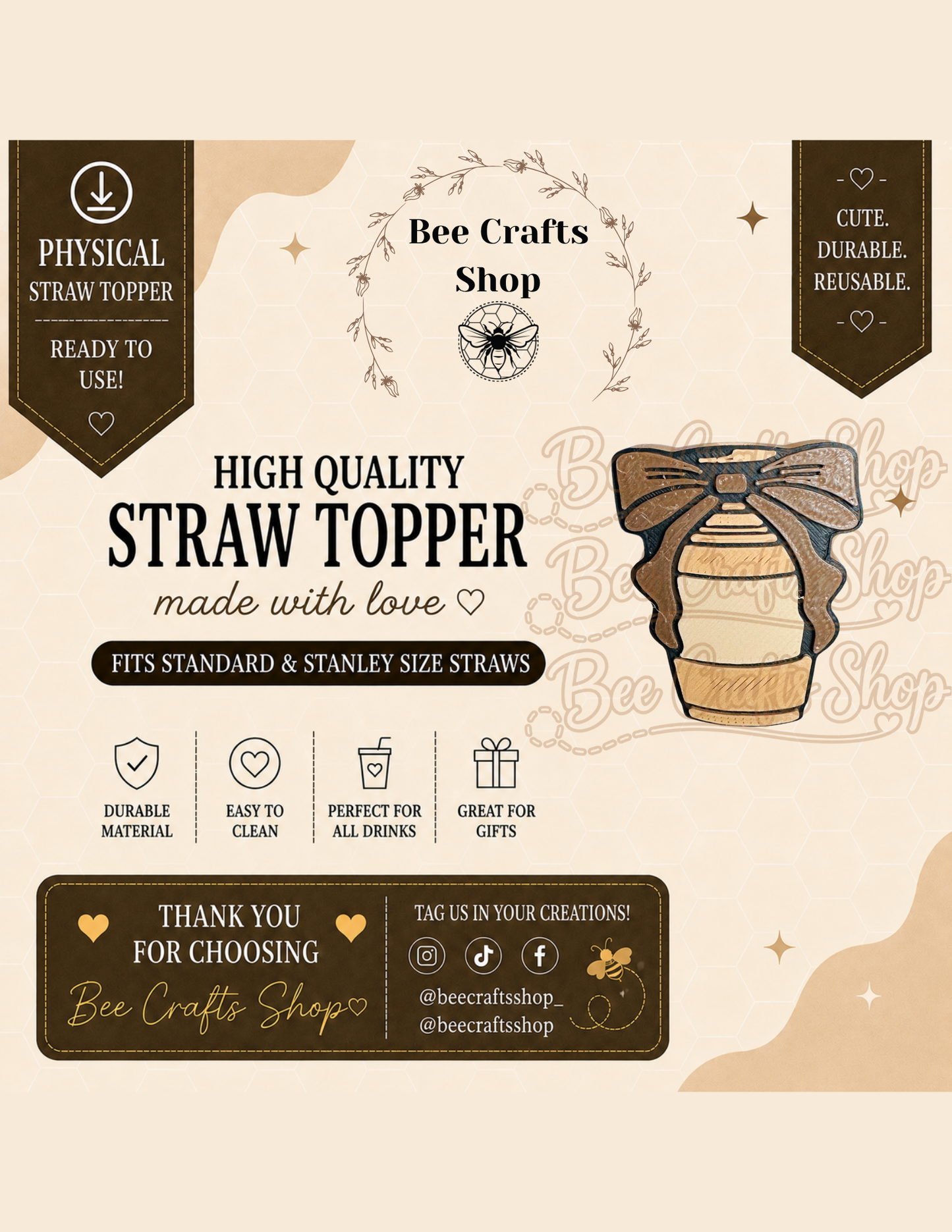 Iced Coffee 3D Printed Straw Topper 8.5mm