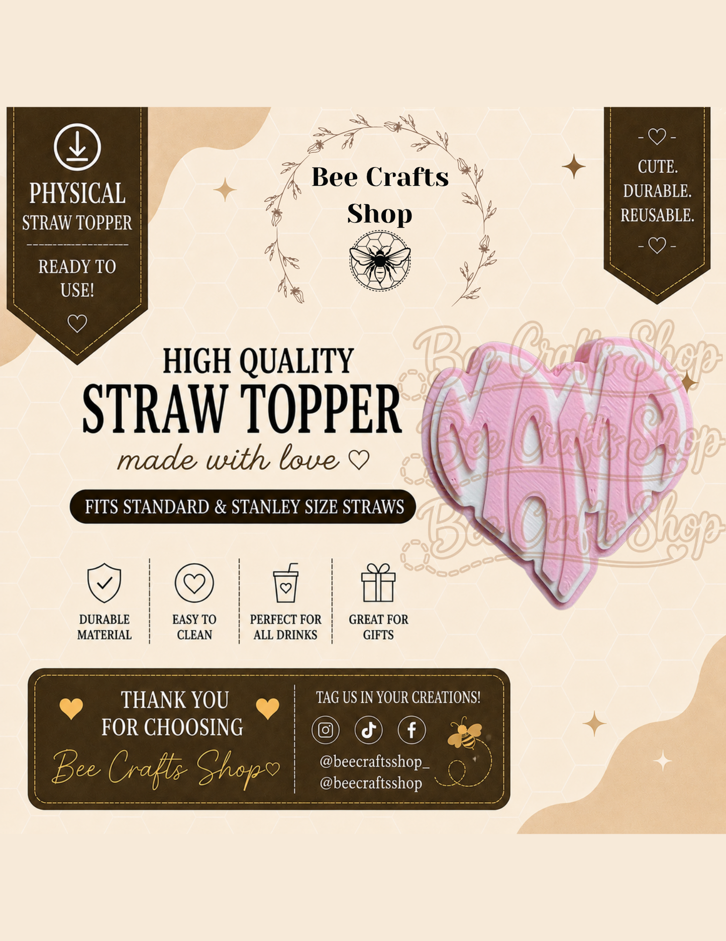 Love Mama 3D Printed Straw Topper 8.5mm
