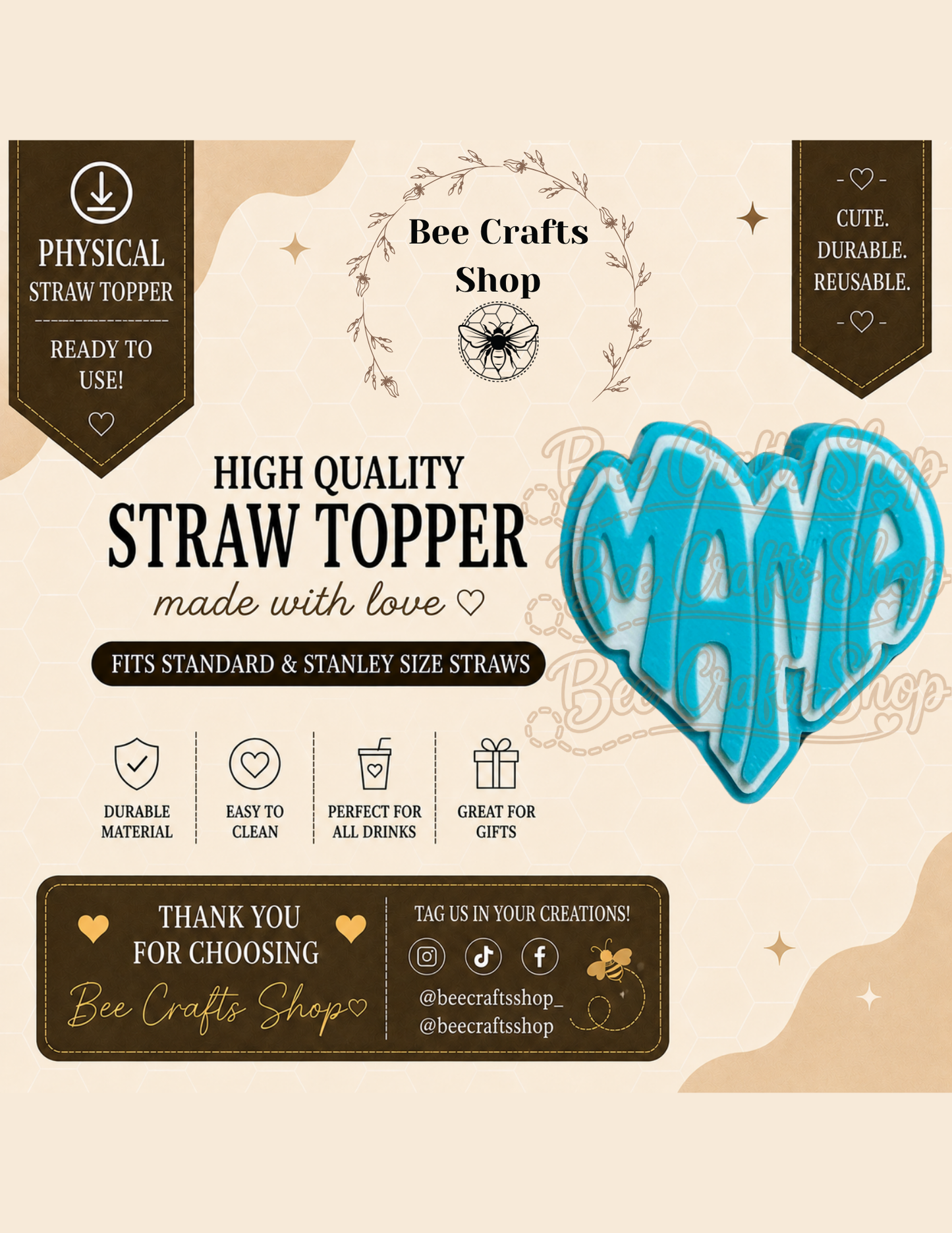 Love Mama 3D Printed Straw Topper 8.5mm