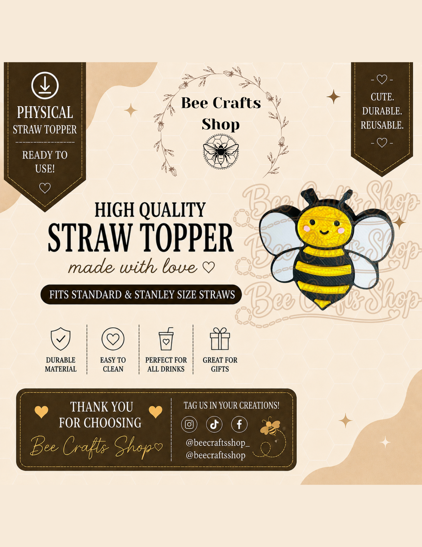 Cute Bee 3D Printed Straw Topper 8.5mm
