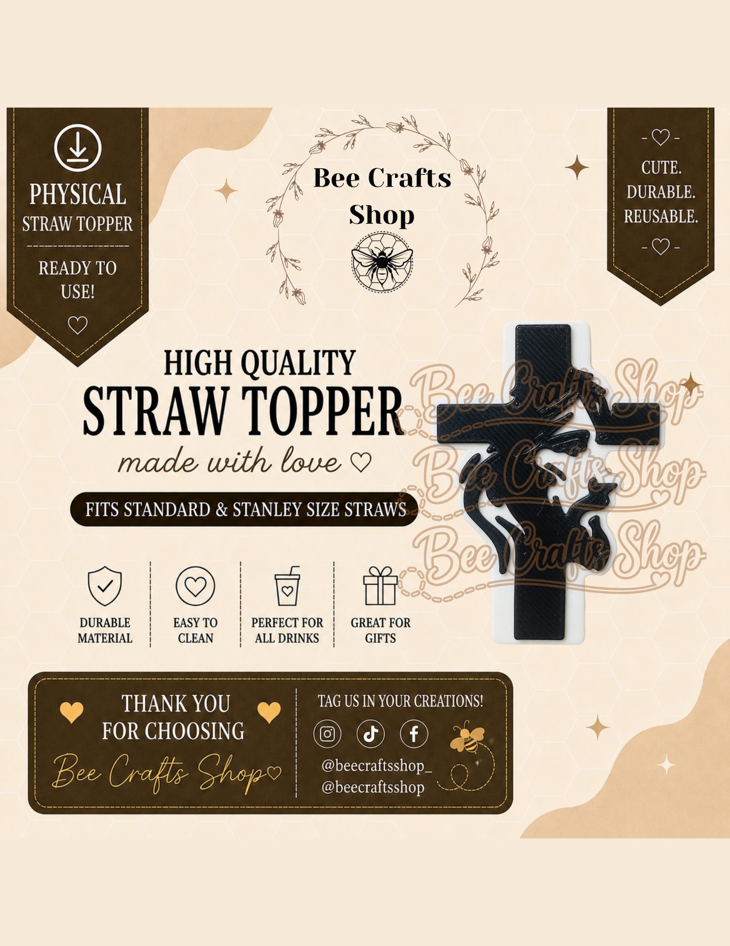 Cross 3D Printed Straw Topper 8.5mm