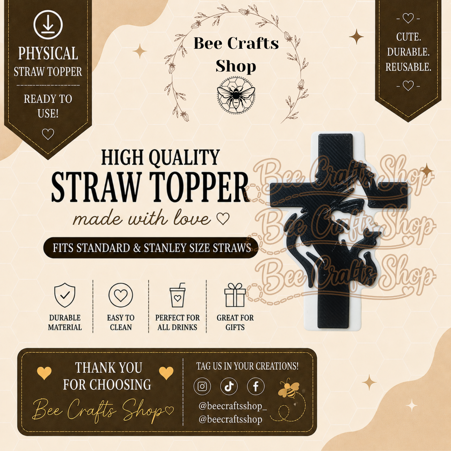 Cross 3D Printed Straw Topper 8.5mm