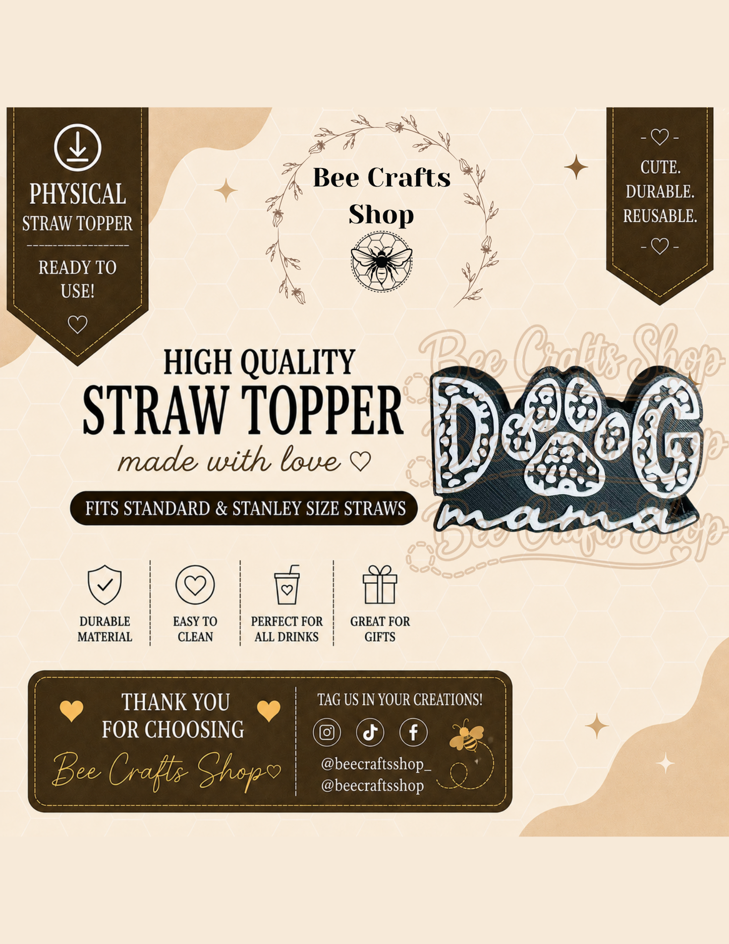 Dog Mama 3D Printed Straw Topper 8.5mm