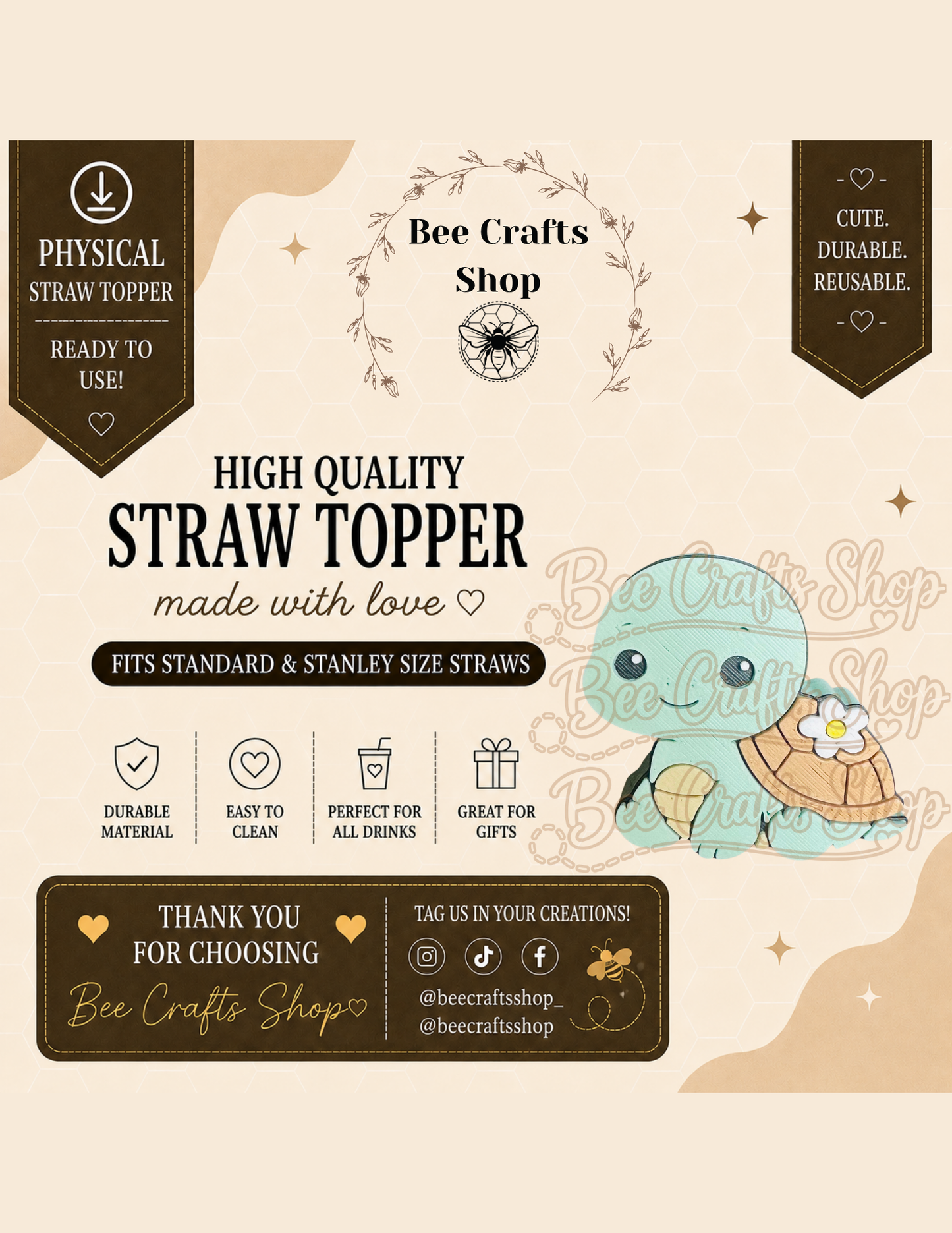 Cute Turtle 3D Printed Straw Topper 8.5mm