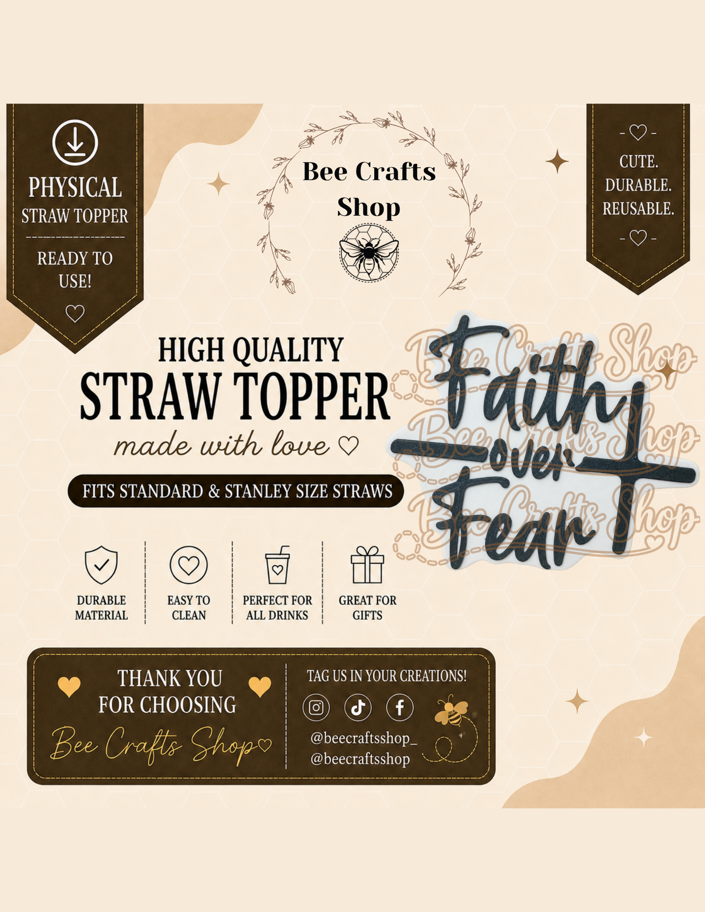 Faith over Fear 3D Printed Straw Topper 8.5mm