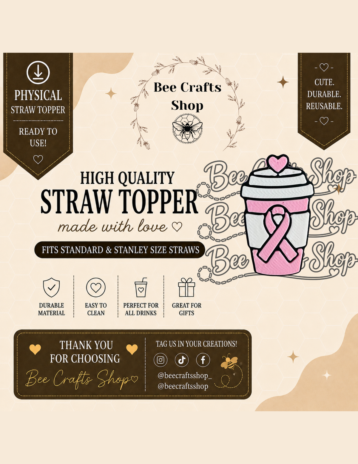 Breast Cancer Awareness 3D Printed Straw Toppers